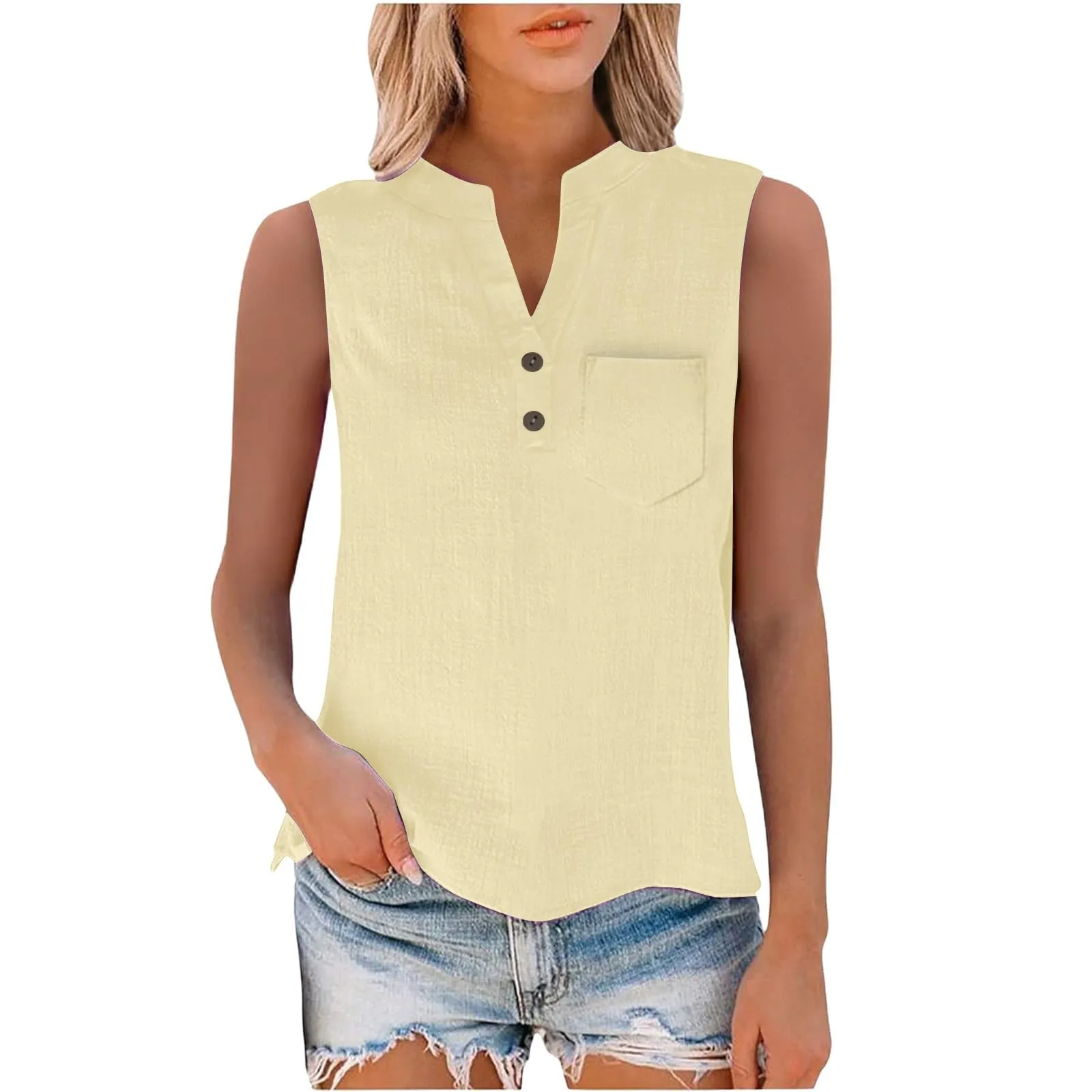 Camicetta in lino da donna, estiva, oversize, senza maniche, elegante, con scollo a V, per il tempo libero, grandi dimensioni, camicetta per tutti i giorni, giallo., L - immagine 6