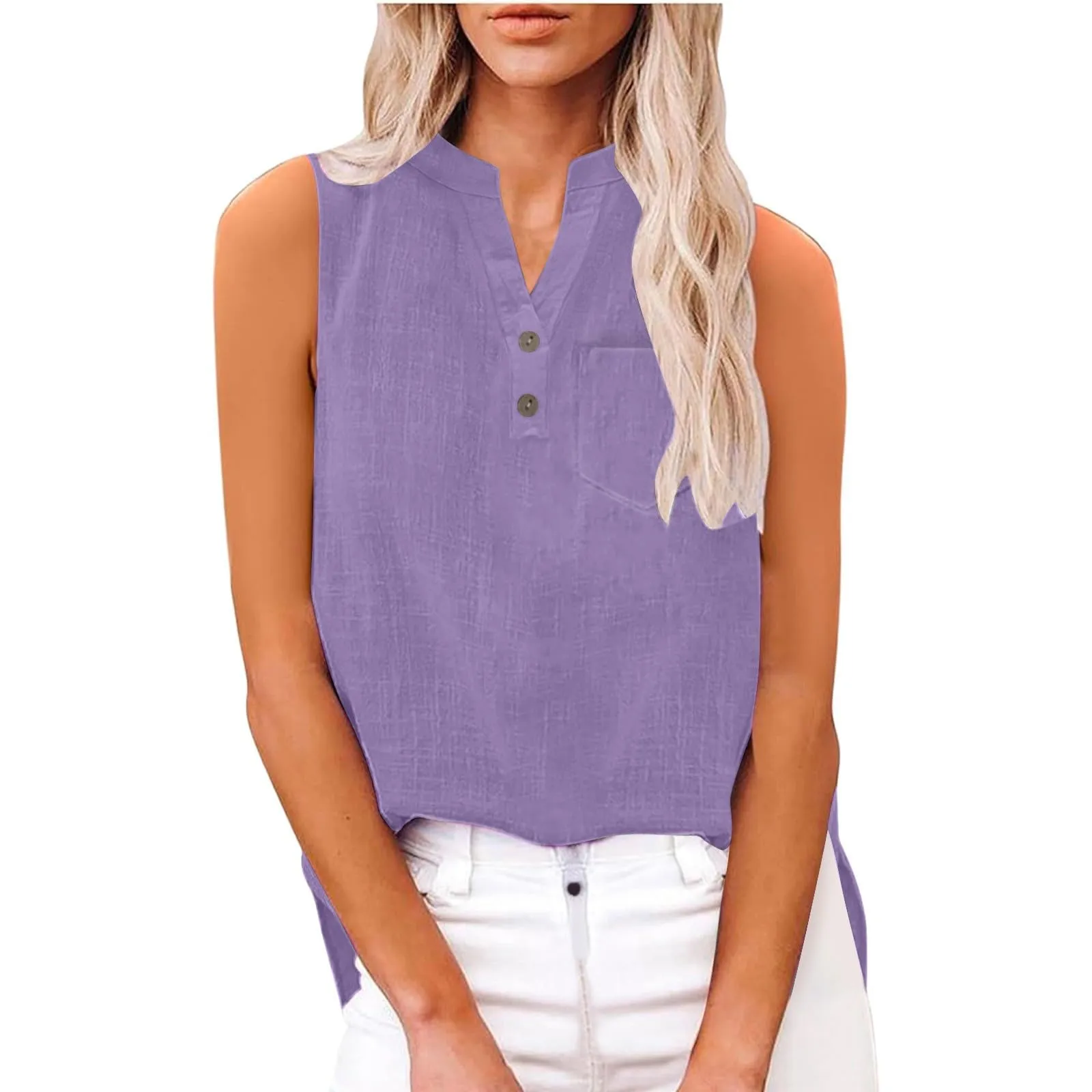 Camicia estiva in lino per donna, taglia grande, senza maniche, elegante, ampia, scollo a V, canotta per donna, adolescenti, ragazze, tempo libero, camicia in lino, taglia grande, 5XL - immagine 7