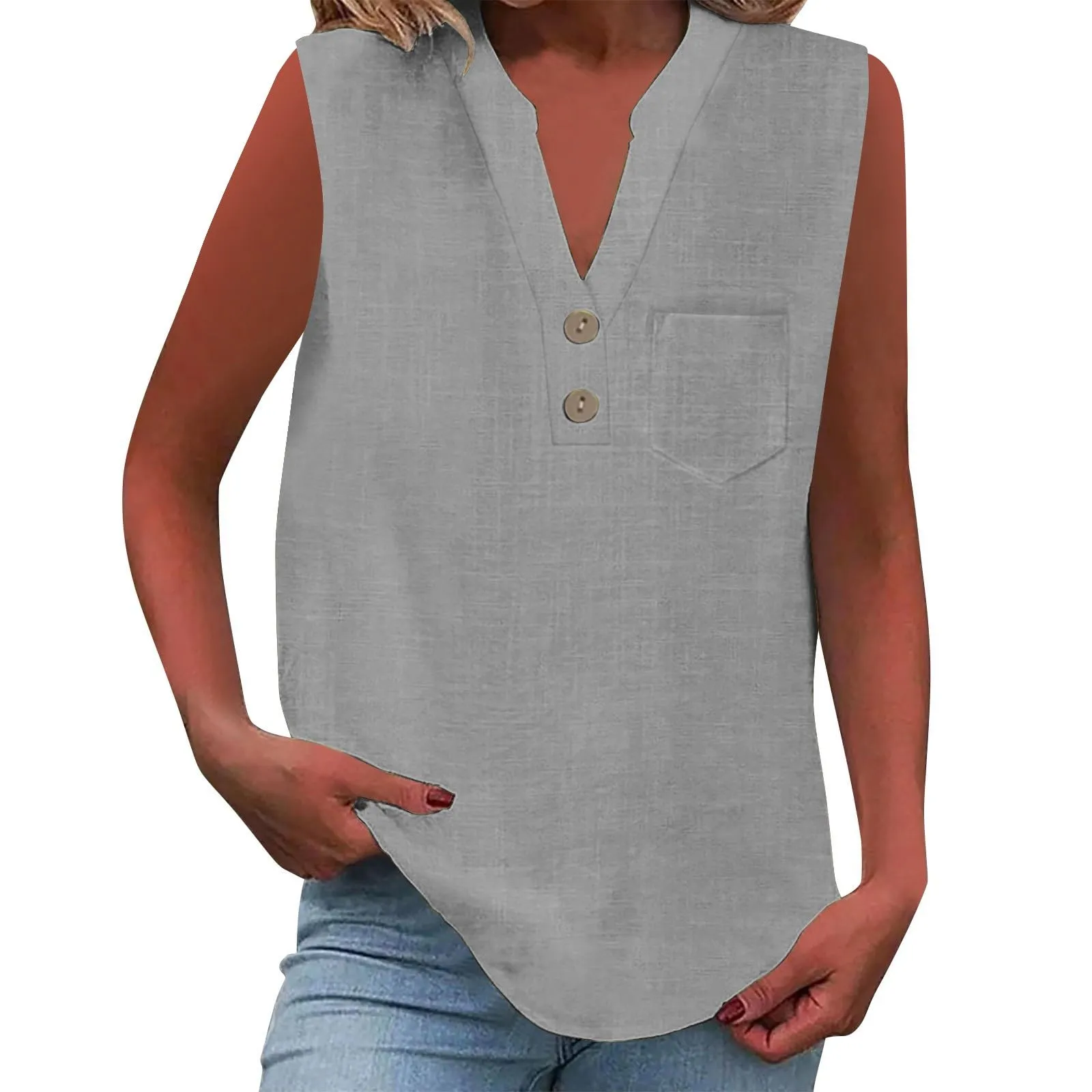 Camicetta estiva in lino per donna, taglia grande, senza maniche, elegante, ampia, scollo a V, top per donna, adolescenti, ragazze, tempo libero, camicia in lino, taglia grande, grigio, 4XL - immagine 1