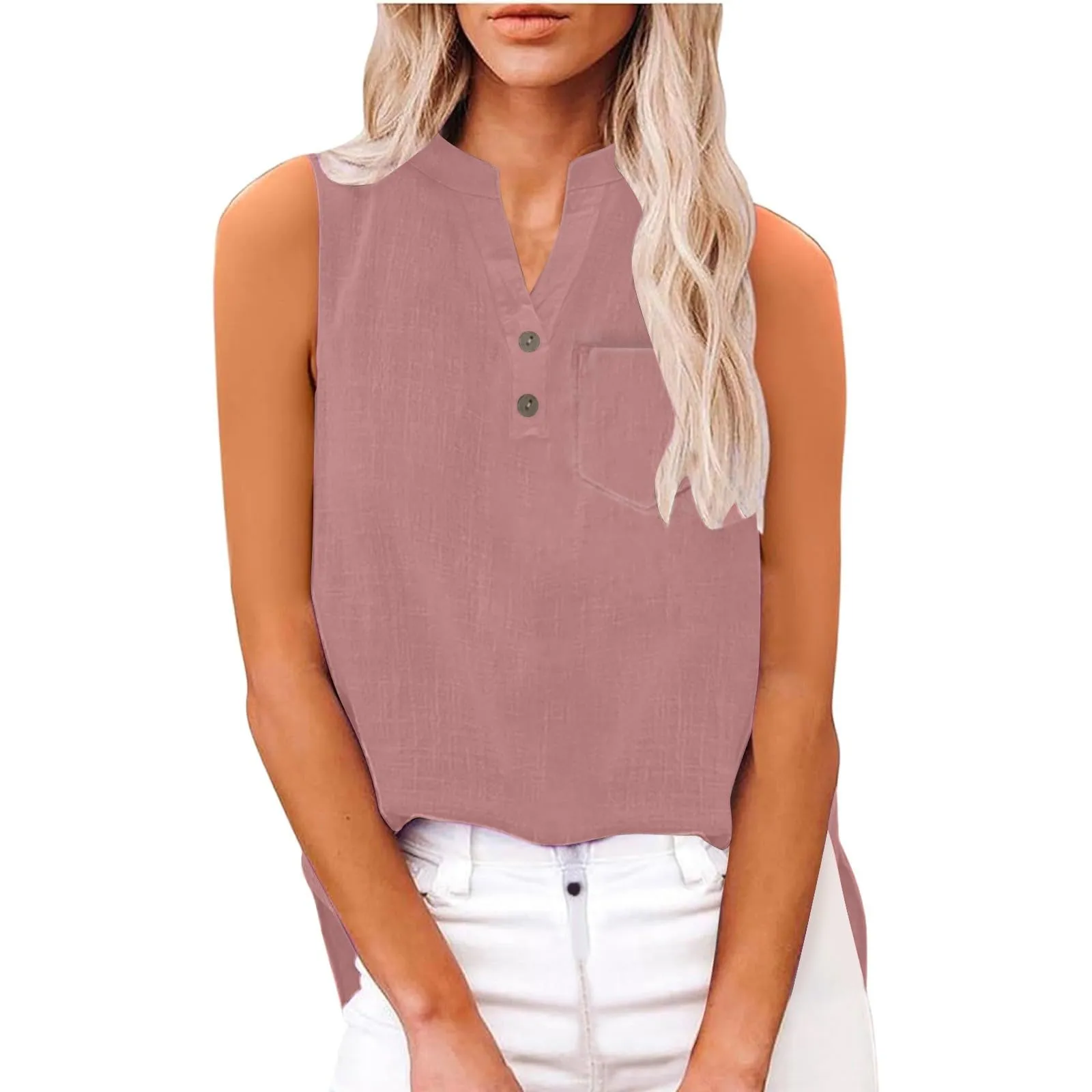 Camicetta in lino da donna, estiva, oversize, senza maniche, elegante, con scollo a V, per il tempo libero, grandi dimensioni, camicetta per tutti i giorni, Colore: rosa., XL - immagine 7