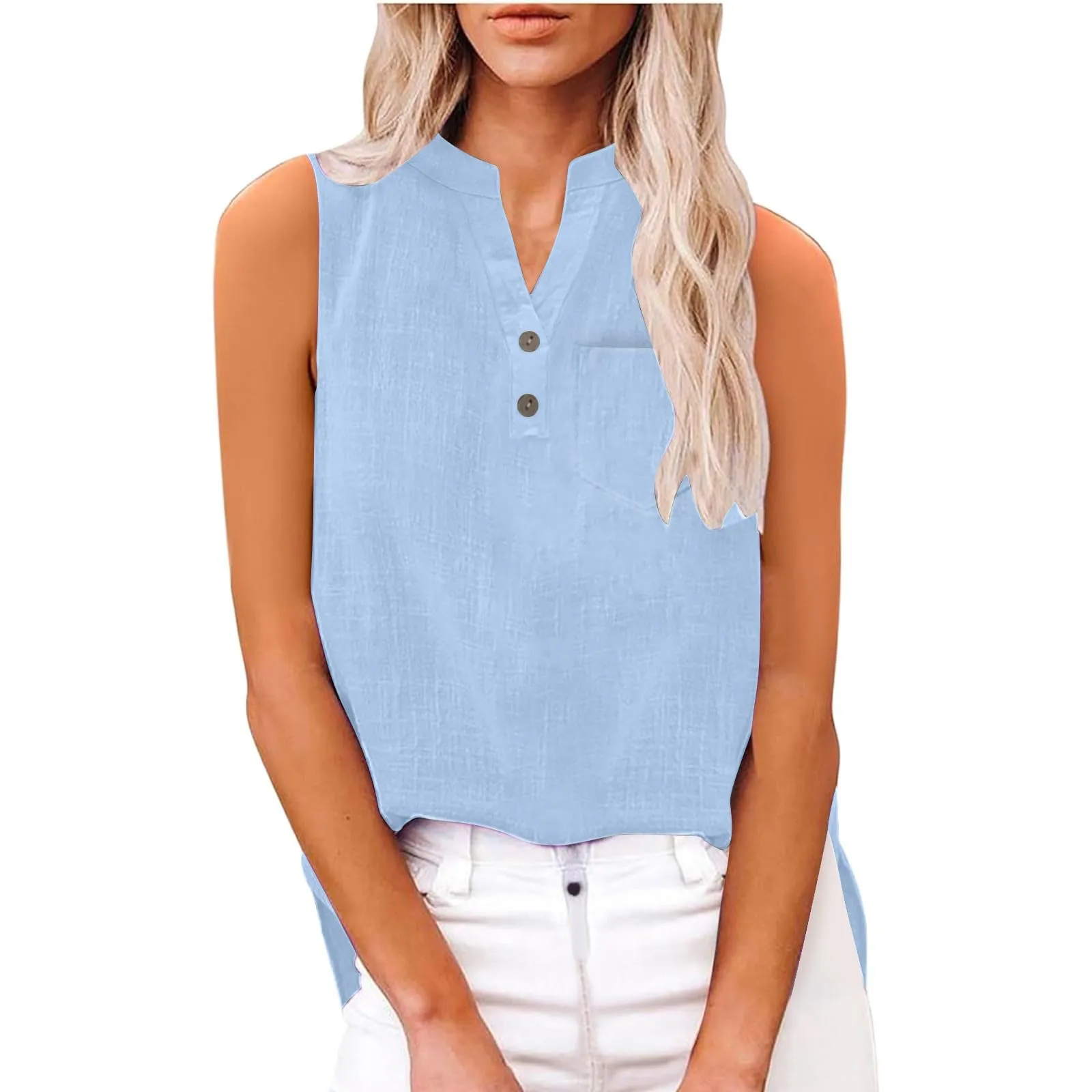 Camicetta in lino da donna, estiva, oversize, senza maniche, elegante, con scollo a V, per il tempo libero, grandi dimensioni, camicetta per tutti i giorni, BU1, 5XL - immagine 6