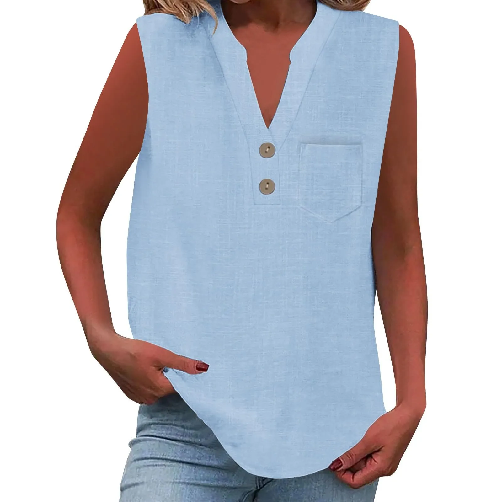 Camicetta in lino da donna, estiva, oversize, senza maniche, elegante, con scollo a V, per il tempo libero, grandi dimensioni, camicetta per tutti i giorni, BU1, 5XL - immagine 7