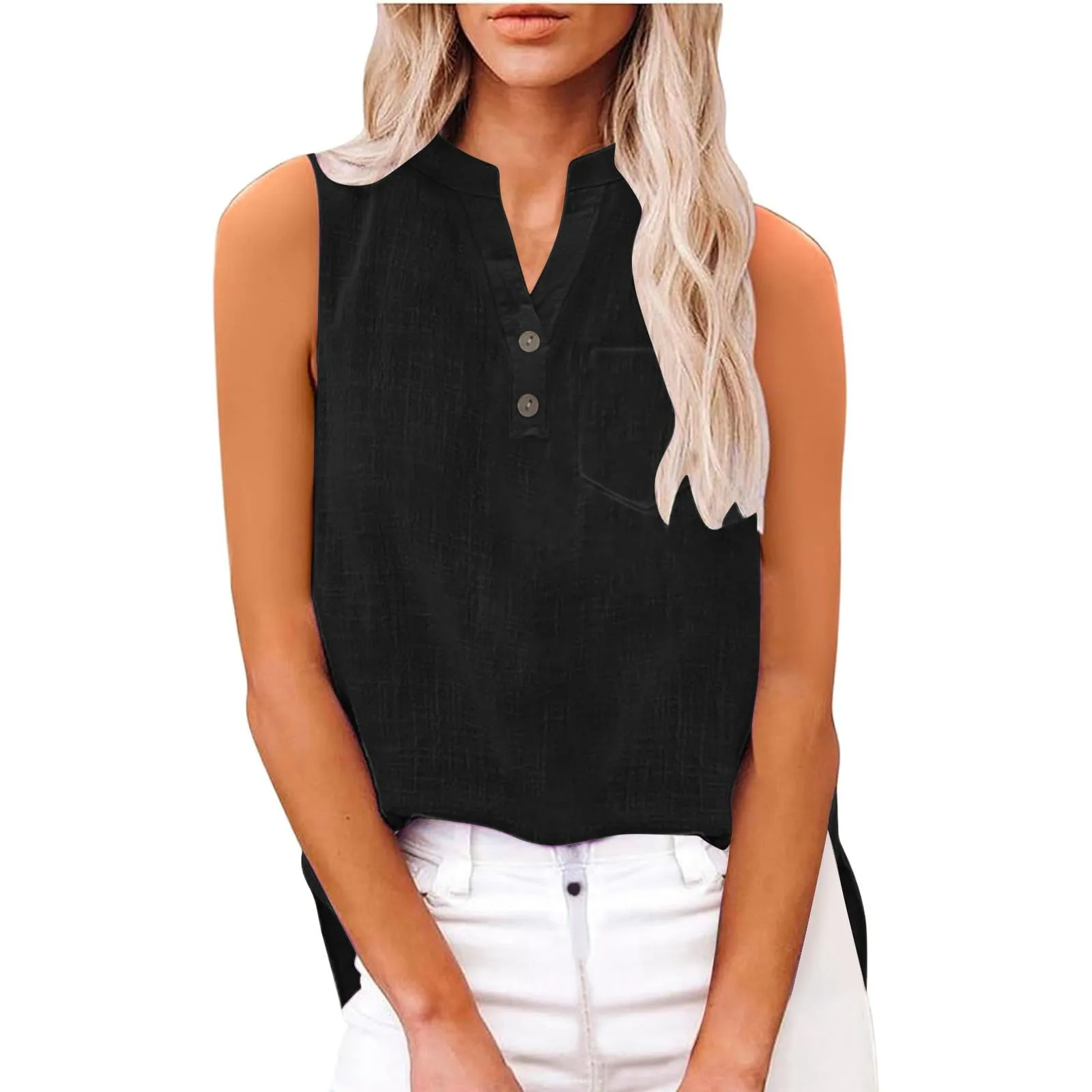 Camicetta in lino da donna, estiva, oversize, senza maniche, elegante, con scollo a V, per il tempo libero, grandi dimensioni, camicetta per tutti i giorni, Nero , 5XL - immagine 6