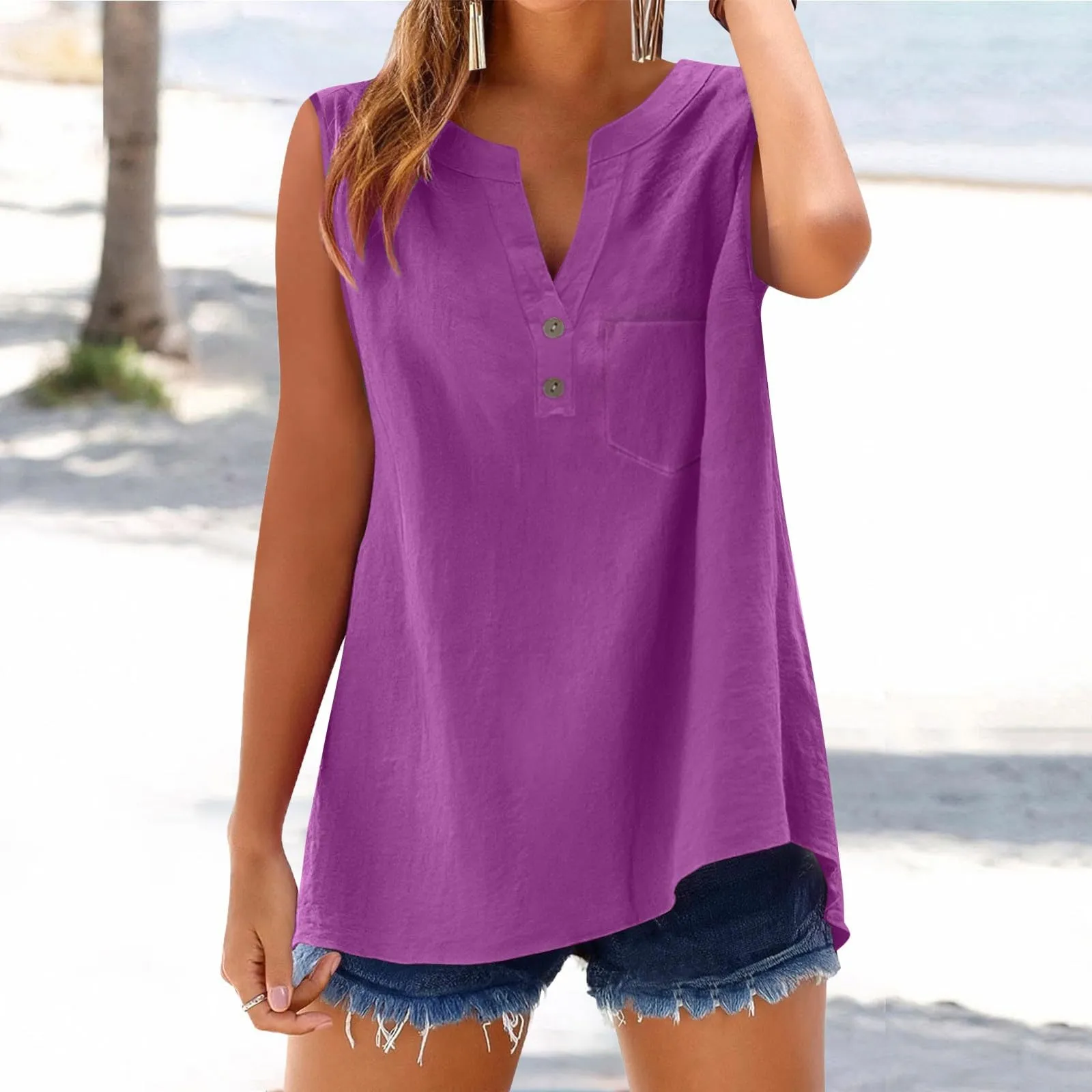Camicetta in lino da donna, estiva, oversize, senza maniche, elegante, con scollo a V, per il tempo libero, grandi dimensioni, camicetta per tutti i giorni, PP1, 5XL - immagine 2