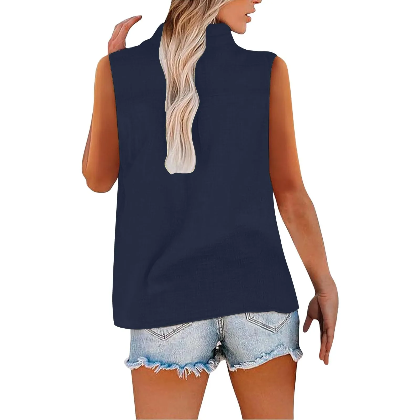 Camicetta estiva in lino da donna - Senza maniche - Elegante - Collo a V - Per il tempo libero - Taglia grande - Per tutti i giorni, blu navy, XL - immagine 5