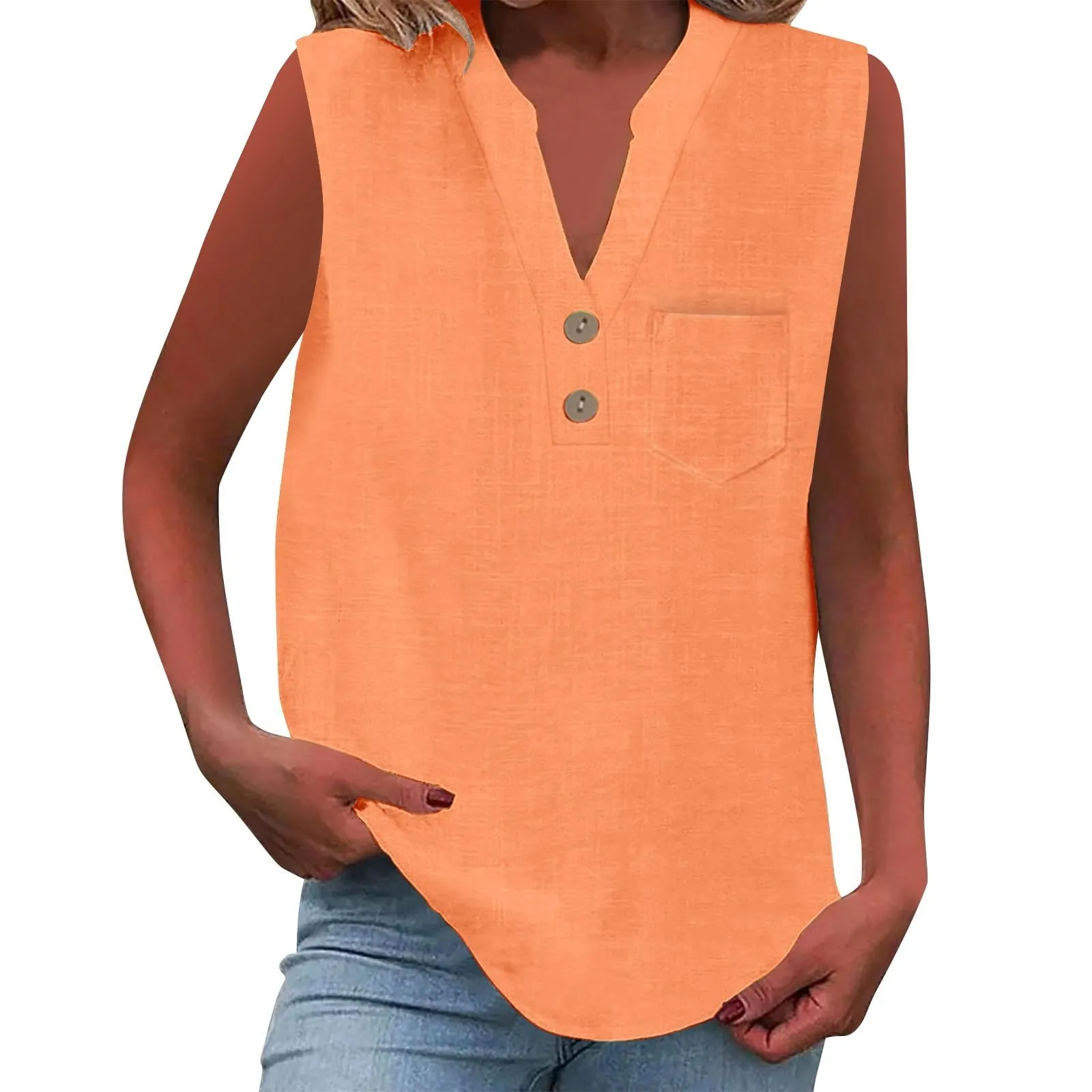 Camicetta estiva da donna in lino, taglie forti, senza maniche, elegante, ampia, con scollo a V, canottiera per donne, adolescenti, ragazze, tempo libero, camicia in lino, taglia grande, Arancione - immagine 1