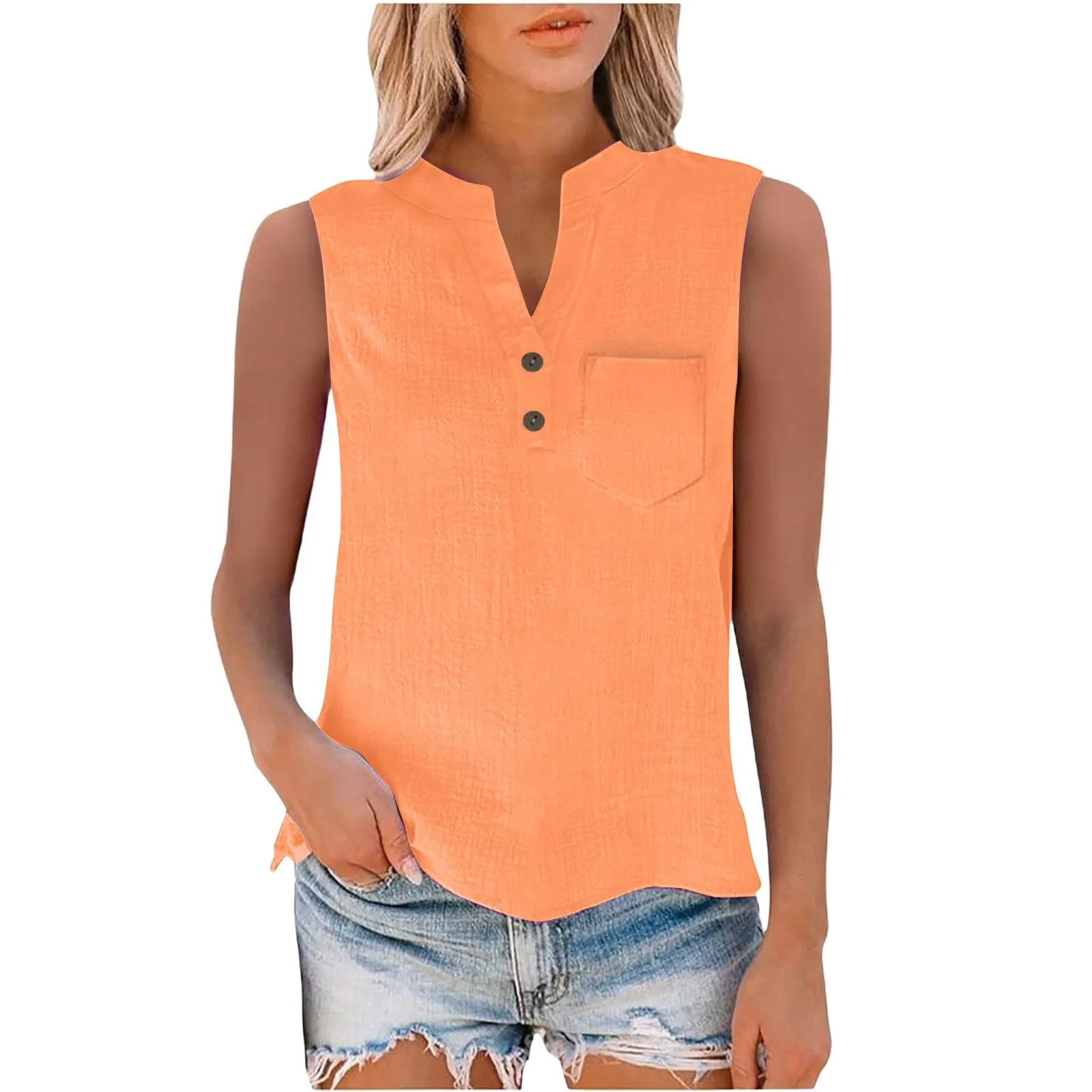 Camicetta estiva da donna in lino, taglie forti, senza maniche, elegante, ampia, con scollo a V, canottiera per donne, adolescenti, ragazze, tempo libero, camicia in lino, taglia grande, Arancione - immagine 6