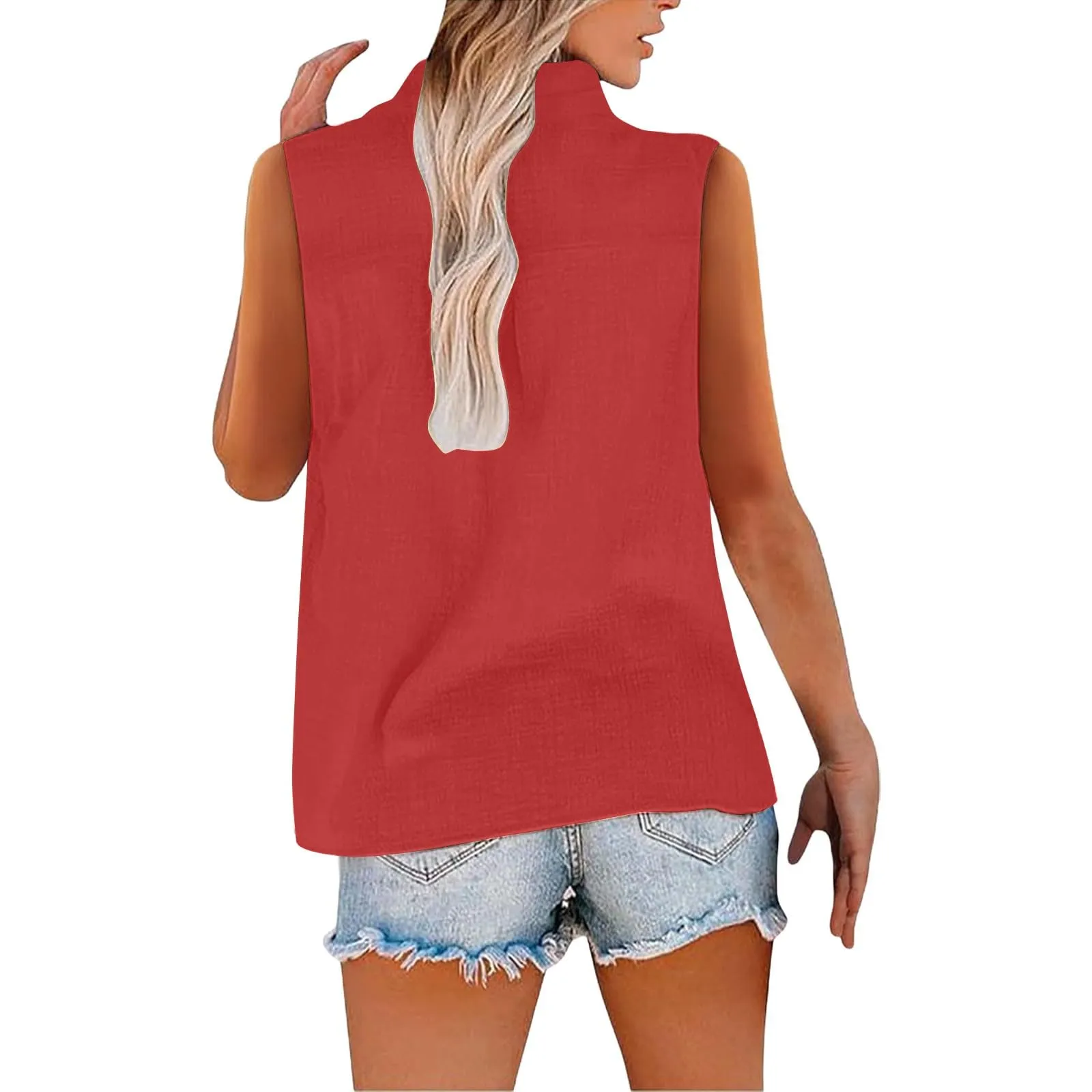 Camicetta in lino da donna, estiva, oversize, senza maniche, elegante, con scollo a V, per il tempo libero, grandi dimensioni, camicetta per tutti i giorni, Colore: rosso, XXL - immagine 4