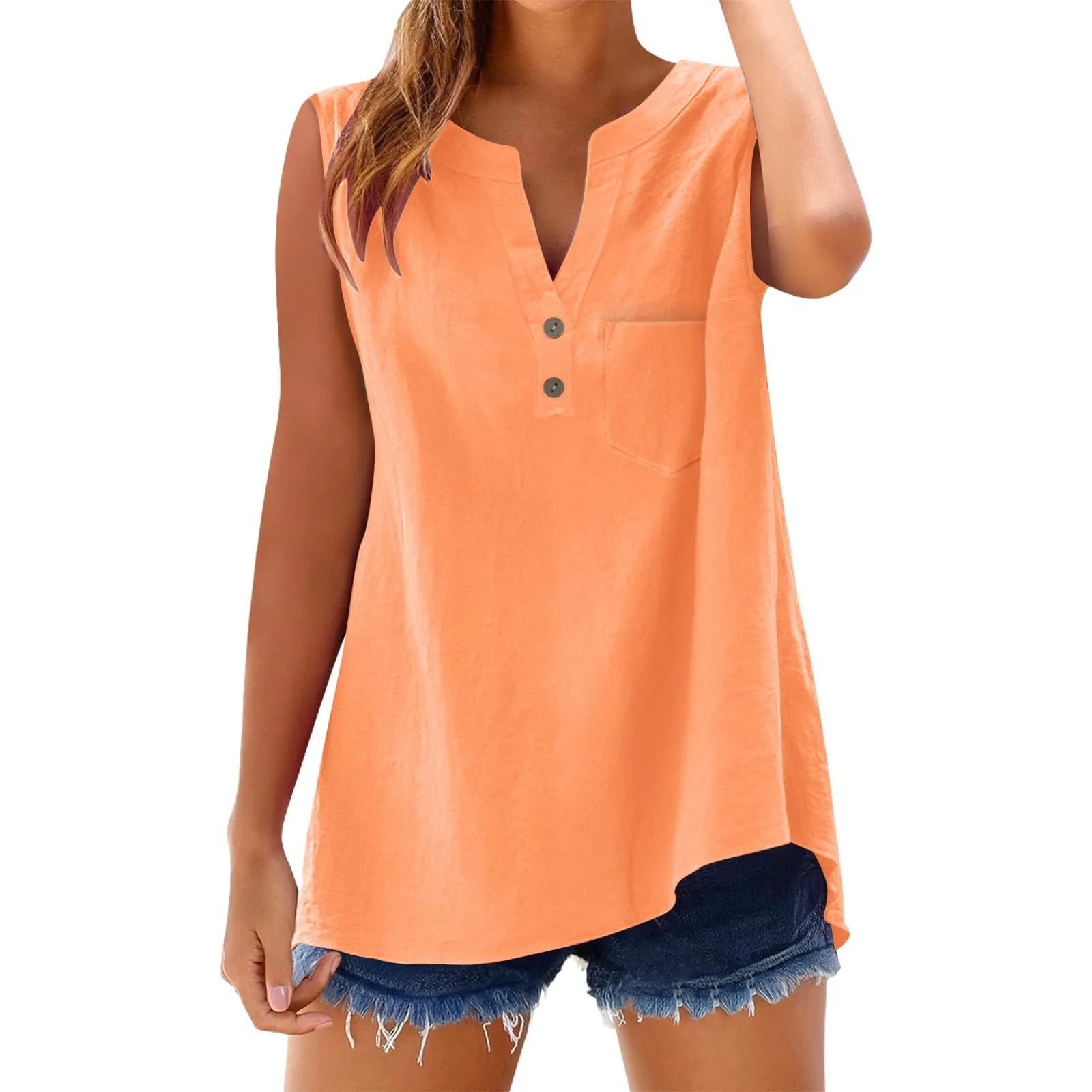 Camicia in lino da donna estiva, oversize, senza maniche, elegante, con scollo a V, tank top, casual, per ragazze adolescenti, taglie grandi, camicia in lino, top da donna, abbigliamento quotidiano - immagine 4