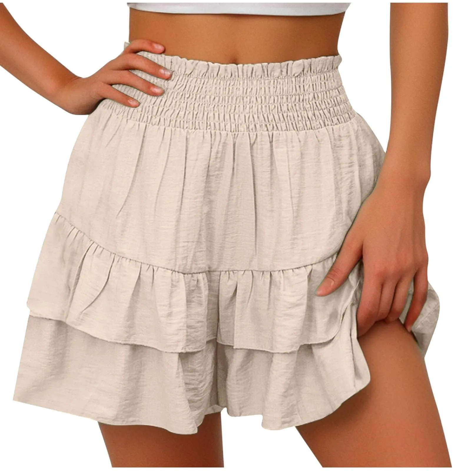Gonne fluide a vita alta da donna Boho Pantaloncini con volant a pieghe Pantaloncini da tennis estivi Pantaloncini da spiaggia Casual gonne a strati, Beige, S - immagine 1