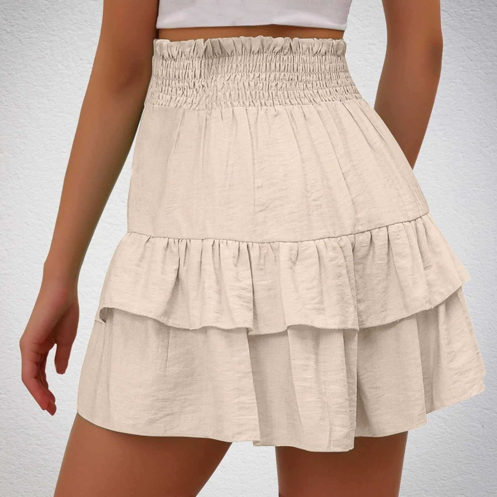 Gonne fluide a vita alta da donna Boho Pantaloncini con volant a pieghe Pantaloncini da tennis estivi Pantaloncini da spiaggia Casual gonne a strati, Beige, S - immagine 5