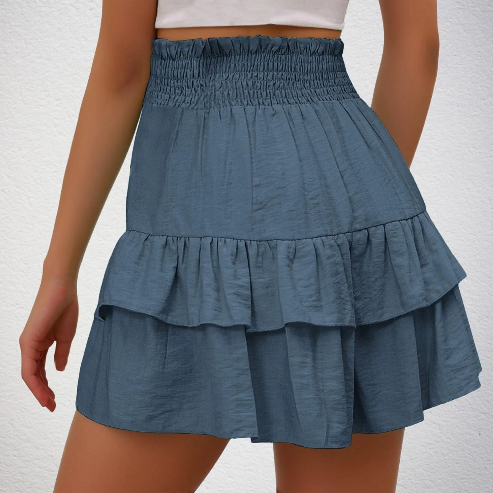 Gonne fluide a vita alta da donna Boho Pantaloncini con volant a pieghe Pantaloncini da tennis estivi Pantaloncini da spiaggia Casual gonne a strati, Marina Militare, L - immagine 3