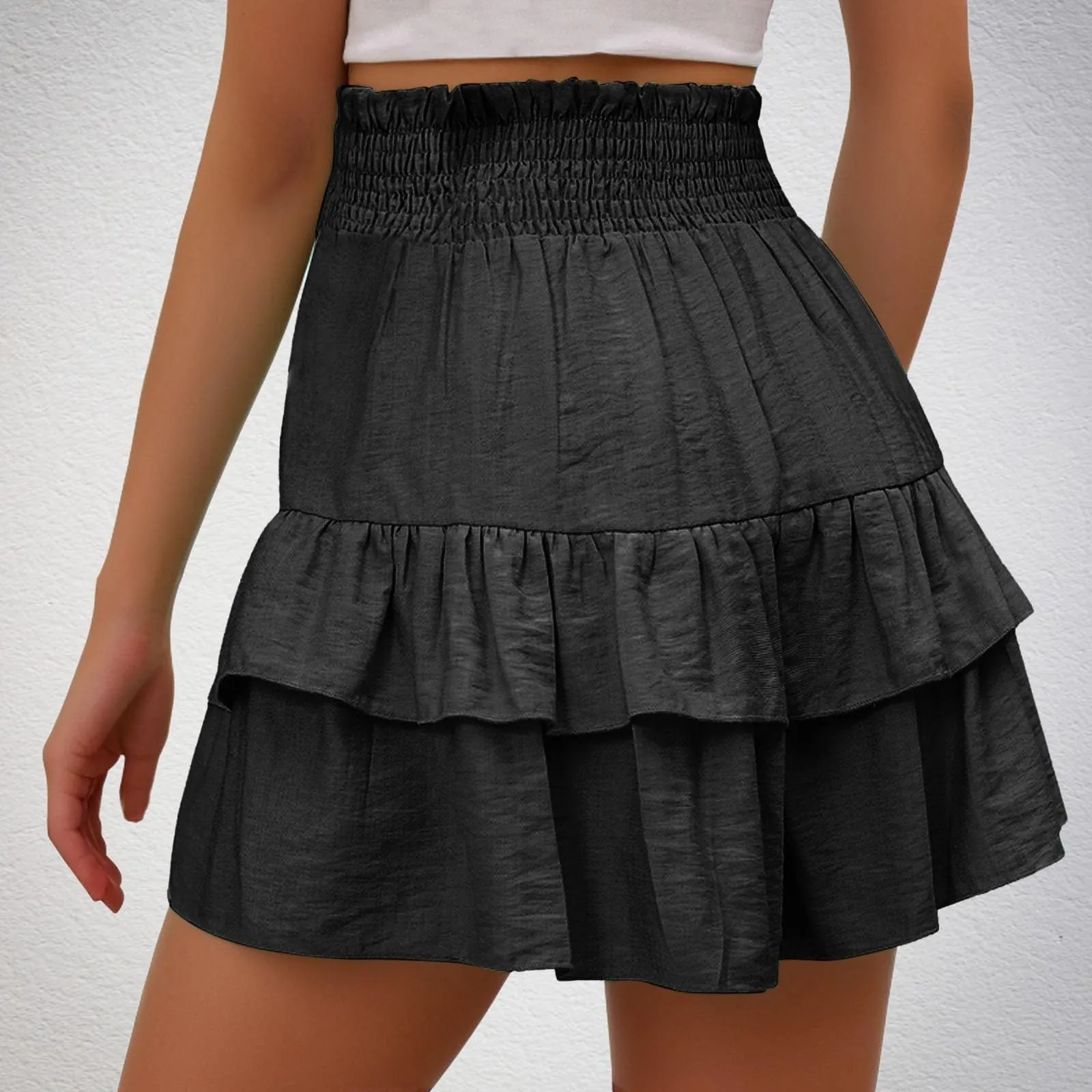 Gonne fluide a vita alta da donna Boho Pantaloncini con volant a pieghe Pantaloncini da tennis estivi Pantaloncini da spiaggia Casual gonne a strati, Nero , M - immagine 3
