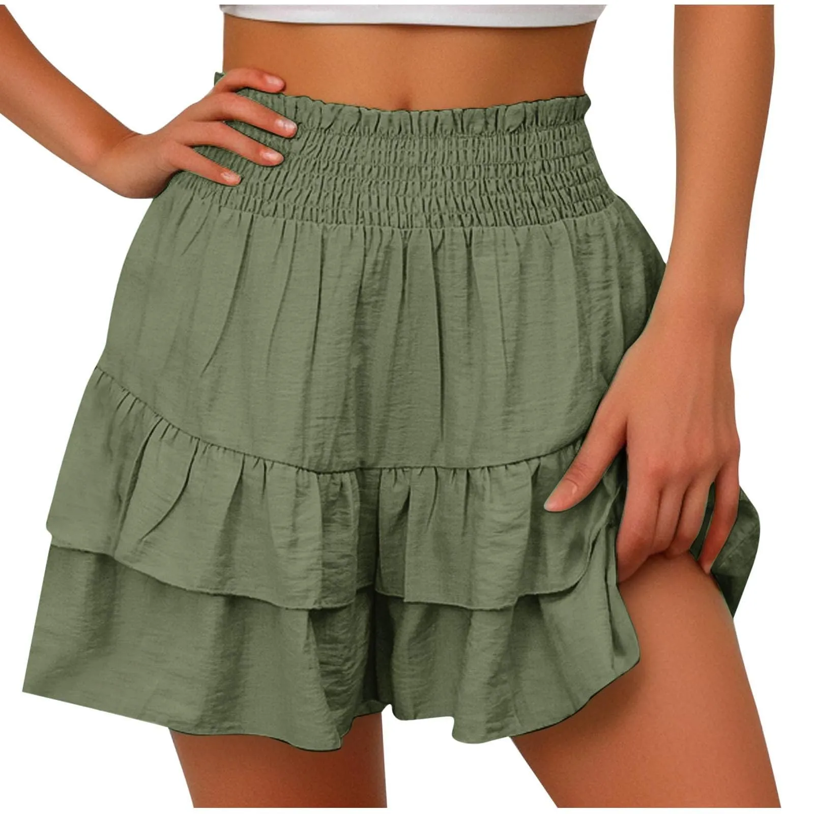 Gonne fluide a vita alta da donna Boho Pantaloncini con volant a pieghe Pantaloncini da tennis estivi Pantaloncini da spiaggia Casual gonne a strati, Verde, M - immagine 1