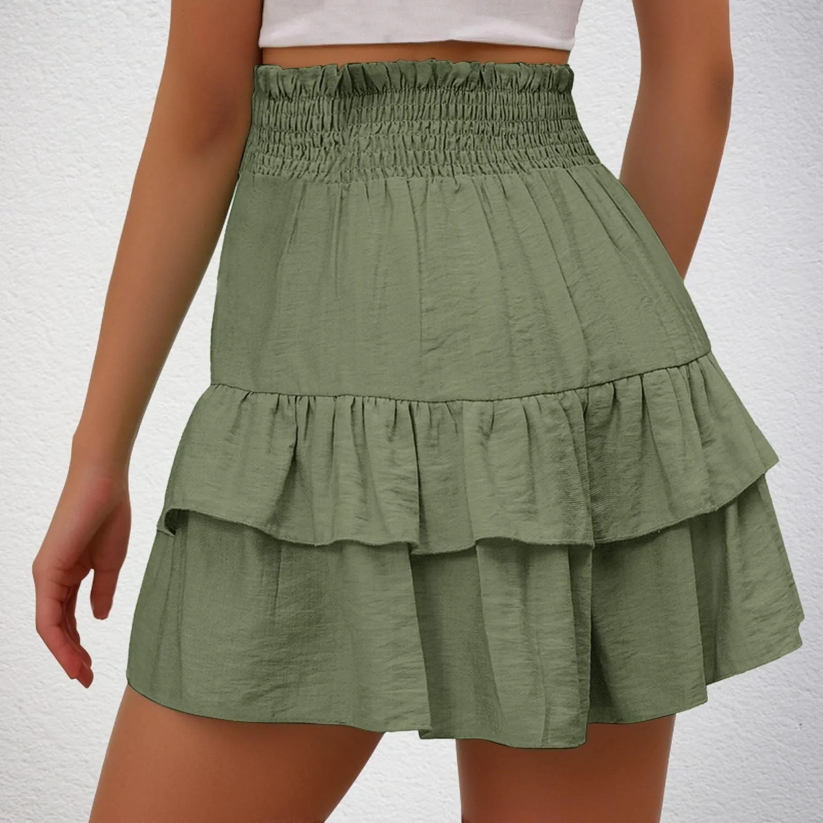 Gonne fluide a vita alta da donna Boho Pantaloncini con volant a pieghe Pantaloncini da tennis estivi Pantaloncini da spiaggia Casual gonne a strati, Verde, M - immagine 3