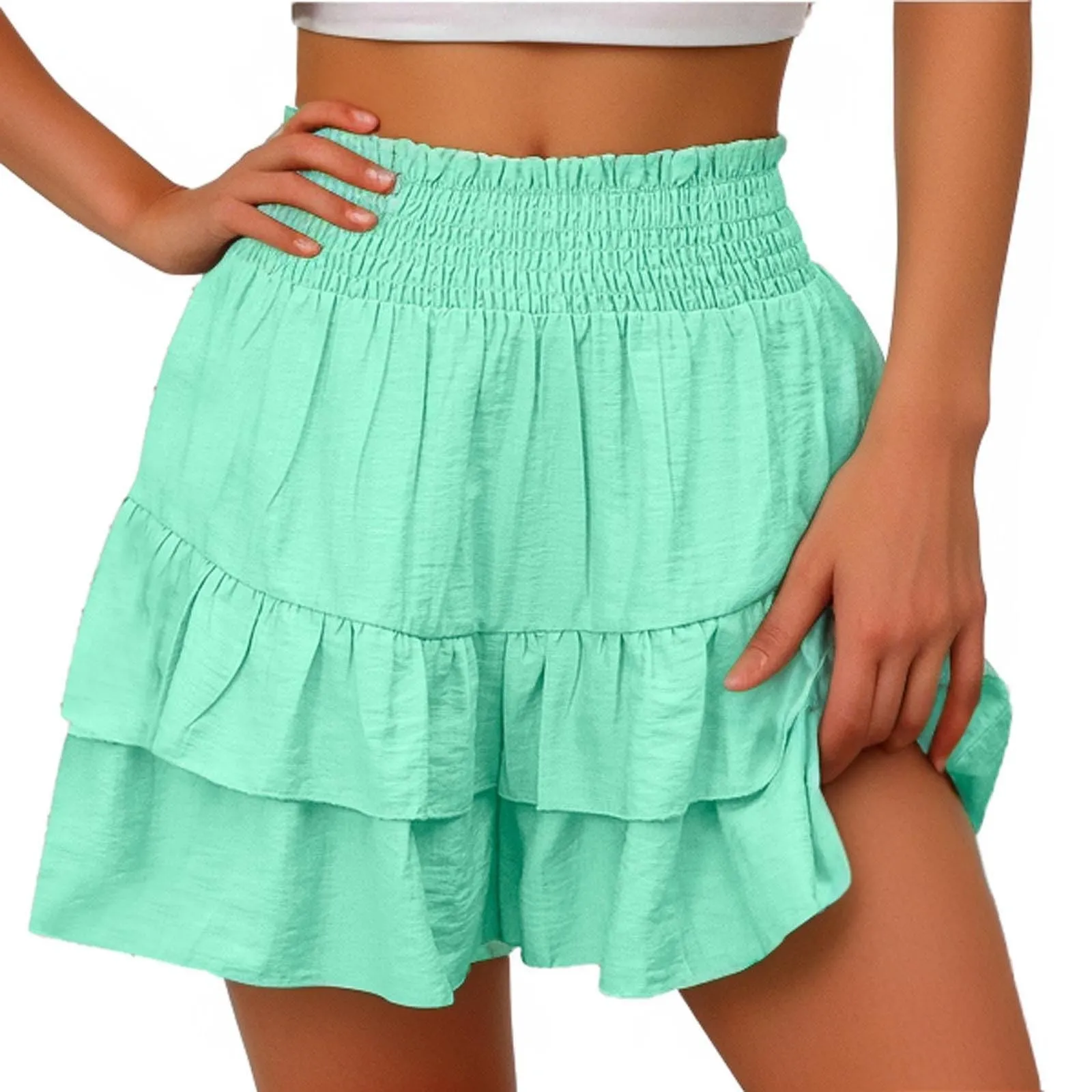 Gonne fluide a vita alta da donna Boho Pantaloncini con volant a pieghe Pantaloncini da tennis estivi Pantaloncini da spiaggia Casual gonne a strati, Verde menta, L - immagine 3
