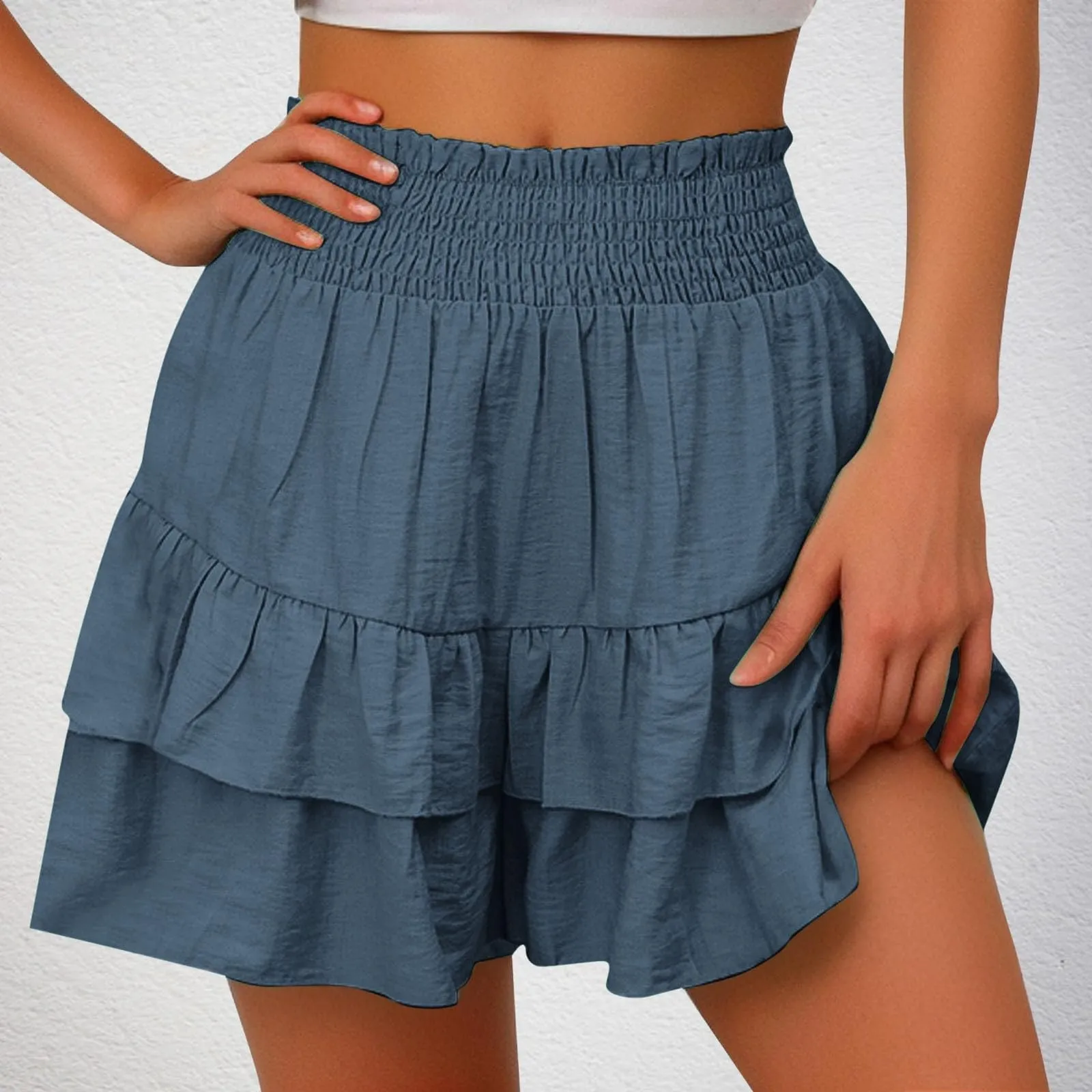 Gonne fluide a vita alta da donna Boho Pantaloncini con volant a pieghe Pantaloncini da tennis estivi Pantaloncini da spiaggia Casual gonne a strati, Marina Militare, M - immagine 2