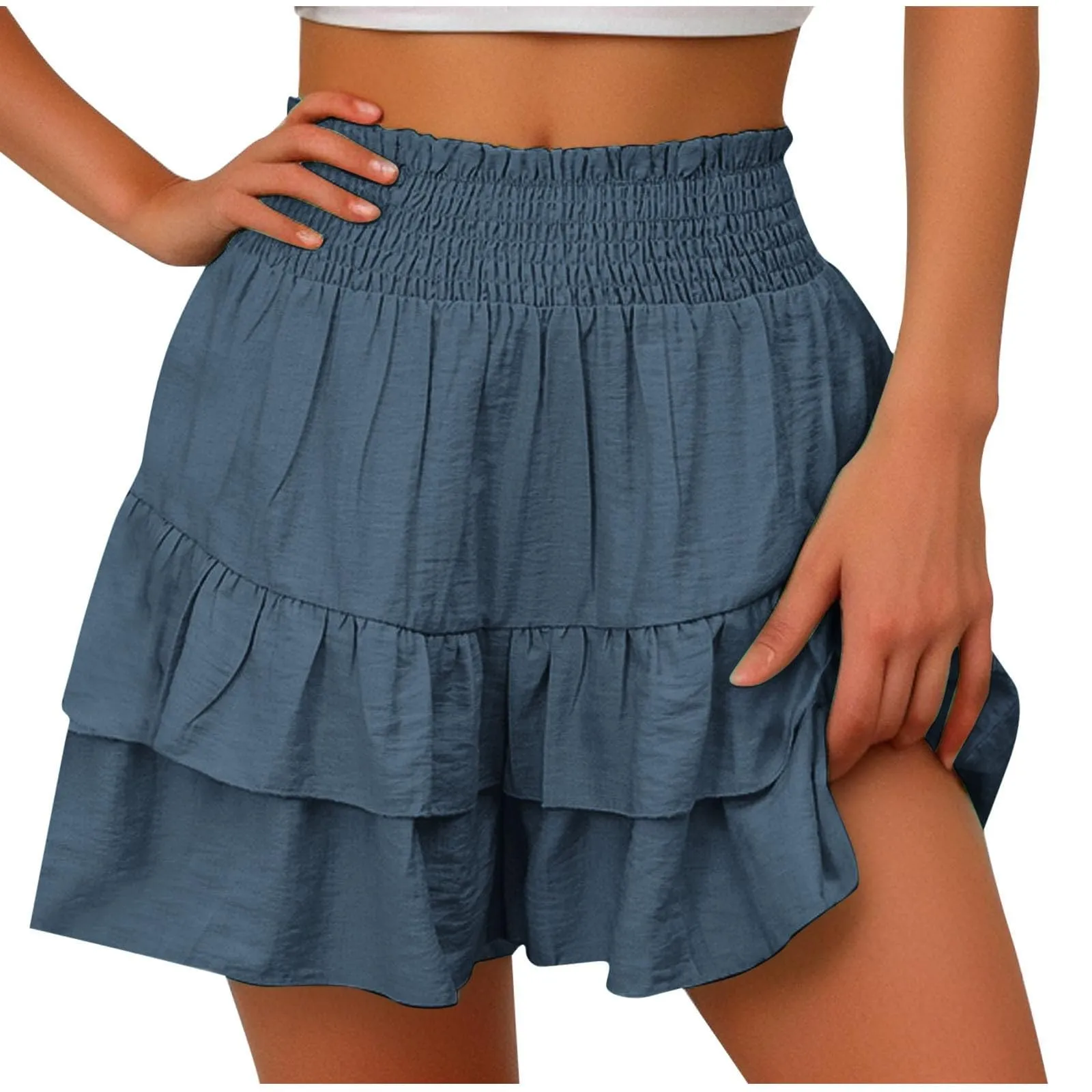Gonne fluide a vita alta da donna Boho Pantaloncini con volant a pieghe Pantaloncini da tennis estivi Pantaloncini da spiaggia Casual gonne a strati, Marina Militare, M - immagine 4