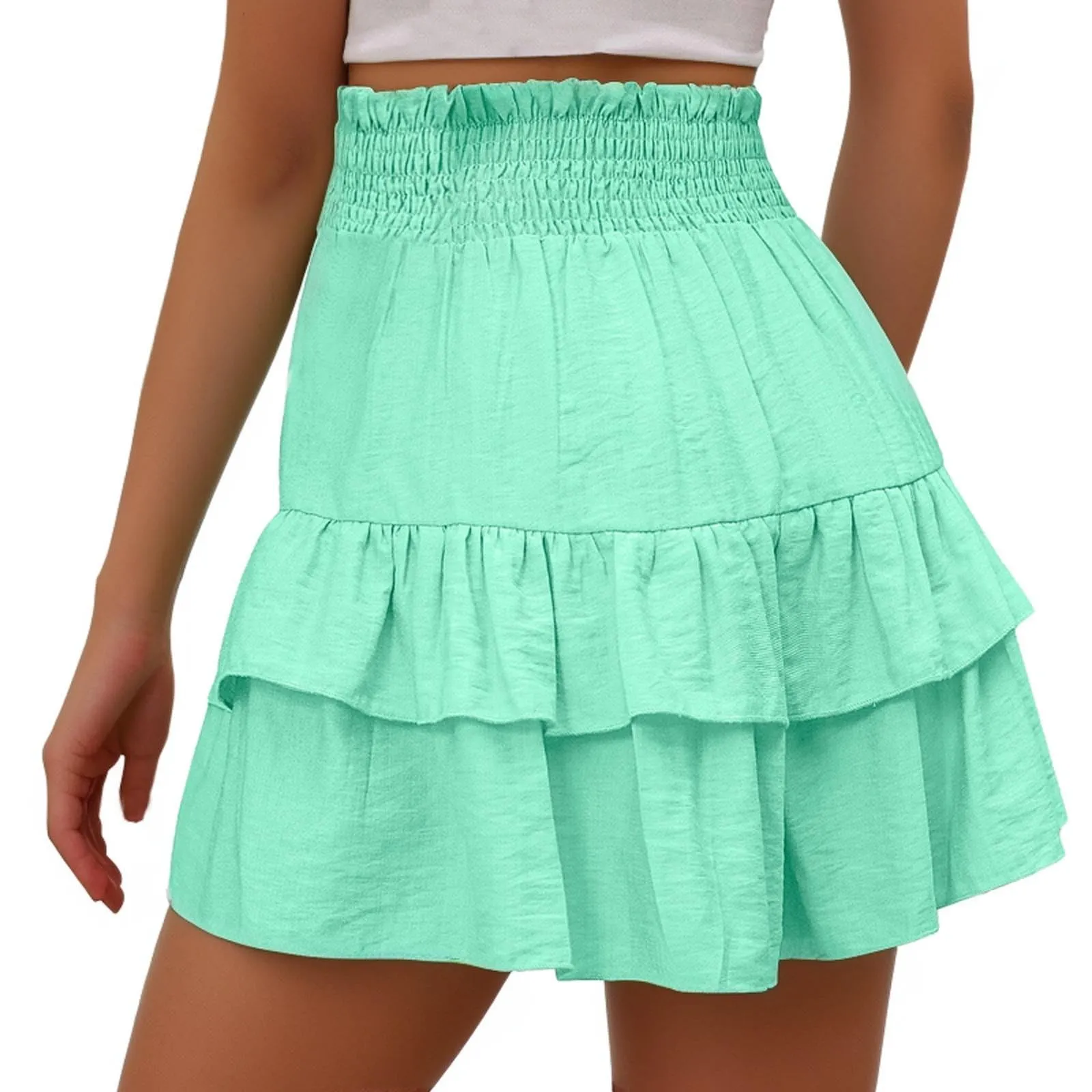 Gonne fluide a vita alta da donna Boho Pantaloncini con volant a pieghe Pantaloncini da tennis estivi Pantaloncini da spiaggia Casual gonne a strati, Verde menta, S - immagine 5