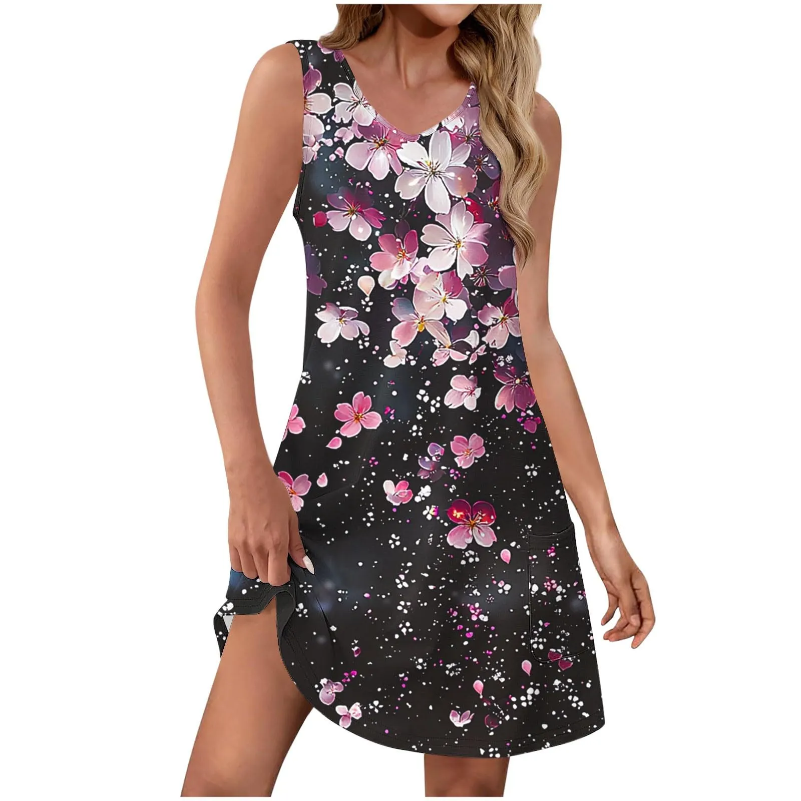 Abito estivo da donna, senza maniche, con scollo a V, con farfalle, motivo floreale, linea ad A, con tasche, sexy, lunghezza al ginocchio, per skater, per il tempo libero, da spiaggia, P-ink, M - immagine 1