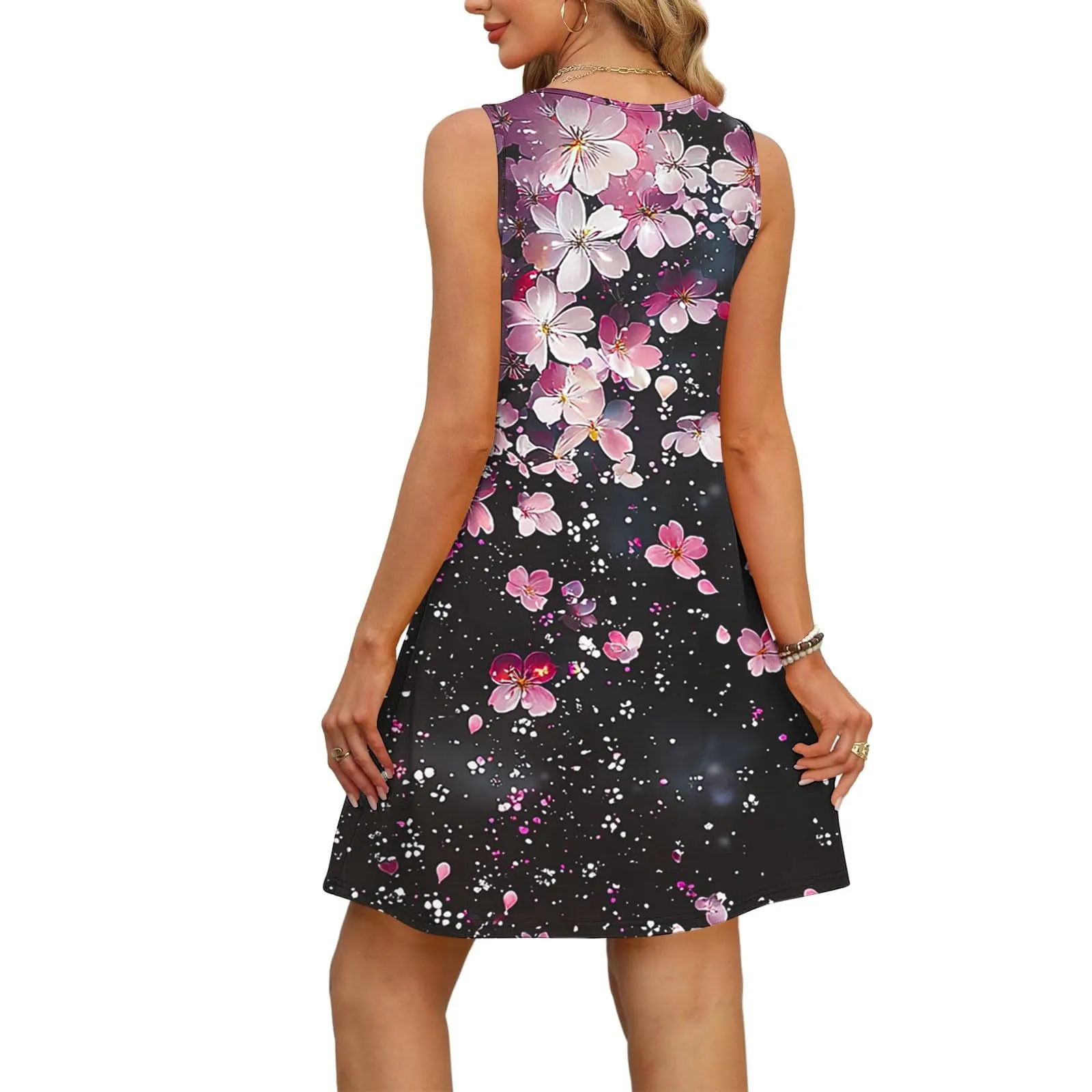 Abito estivo da donna, senza maniche, con scollo a V, con farfalle, motivo floreale, linea ad A, con tasche, sexy, lunghezza al ginocchio, per skater, per il tempo libero, da spiaggia, P-ink, M - immagine 5