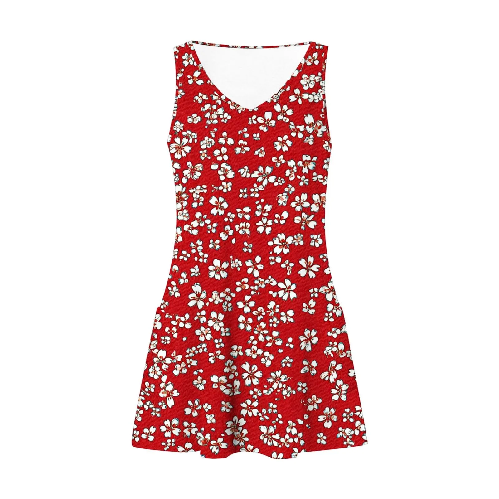 Abito estivo da donna, senza maniche, con scollo a V, con farfalle, motivo floreale, linea ad A, con tasche, sexy, lunghezza al ginocchio, per skater, per il tempo libero, da spiaggia, Colore: rosso - immagine 6