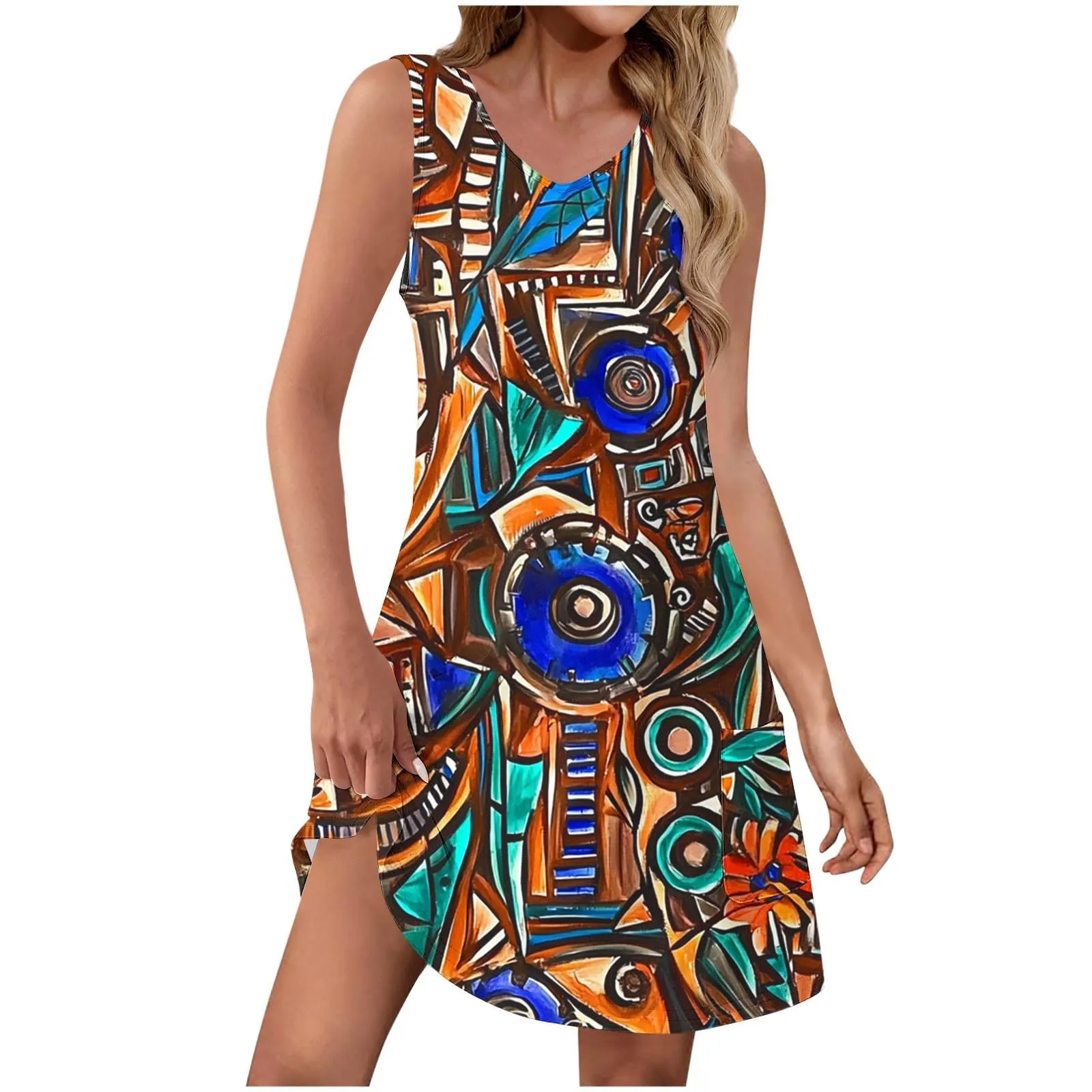 Abito estivo da donna, senza maniche, con scollo a V, con farfalle, motivo floreale, linea ad A, con tasche, sexy, lunghezza al ginocchio, per skater, per il tempo libero, da spiaggia, Blu mezzanotte - immagine 1