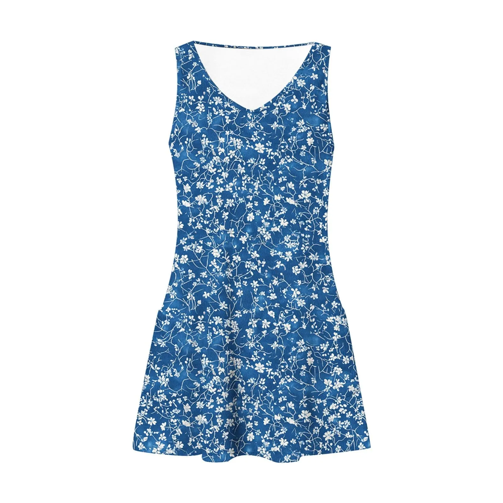 Abito estivo da donna, senza maniche, con scollo a V, con farfalle, motivo floreale, linea ad A, con tasche, sexy, lunghezza al ginocchio, per skater, per il tempo libero, da spiaggia, Azzurro, XL - immagine 6