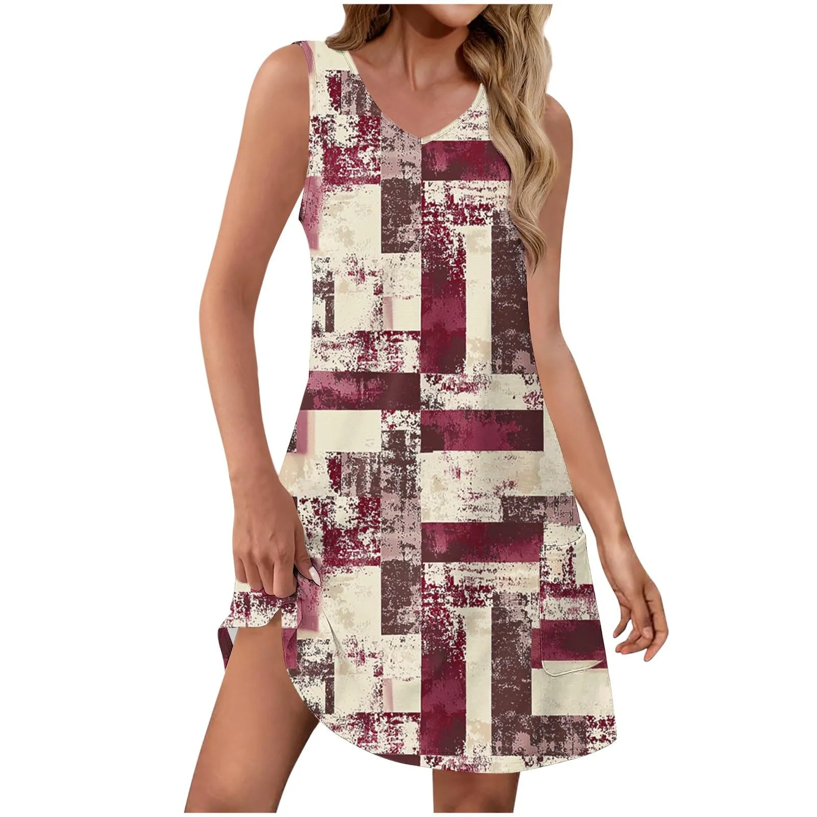 Abito estivo da donna, senza maniche, con scollo a V, con farfalle, motivo floreale, linea ad A, con tasche, sexy, lunghezza al ginocchio, per skater, per il tempo libero, da spiaggia, Vino, S - immagine 1