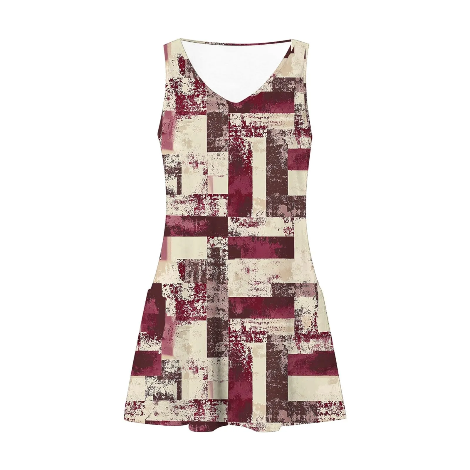 Abito estivo da donna, senza maniche, con scollo a V, con farfalle, motivo floreale, linea ad A, con tasche, sexy, lunghezza al ginocchio, per skater, per il tempo libero, da spiaggia, Vino, S - immagine 6