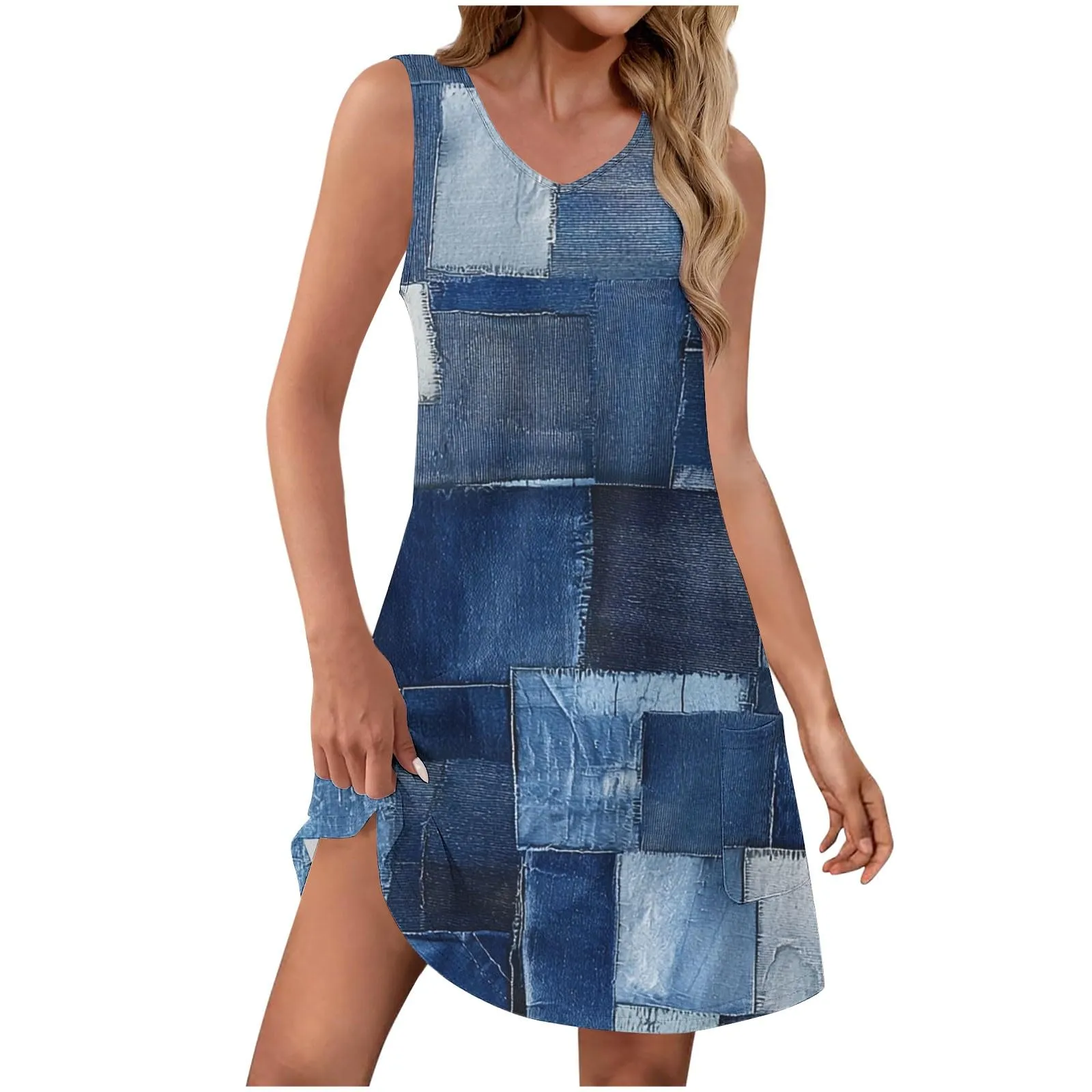 Abito estivo da donna, senza maniche, con scollo a V, con farfalle, motivo floreale, linea ad A, con tasche, sexy, lunghezza al ginocchio, per skater, per il tempo libero, da spiaggia, Blu scuro, L - immagine 1