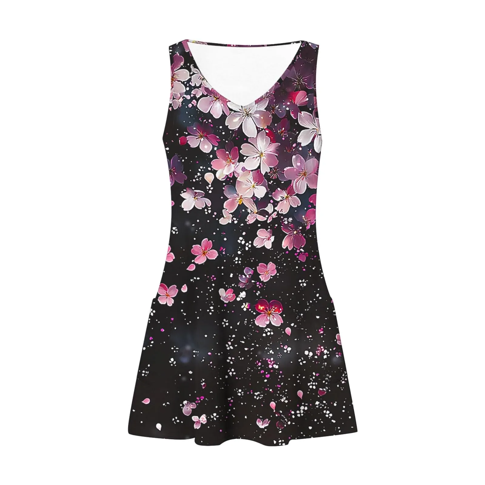 Abito estivo da donna, senza maniche, con scollo a V, con farfalle, motivo floreale, linea ad A, con tasche, sexy, lunghezza al ginocchio, per skater, per il tempo libero, da spiaggia, P-ink, XXL - immagine 6
