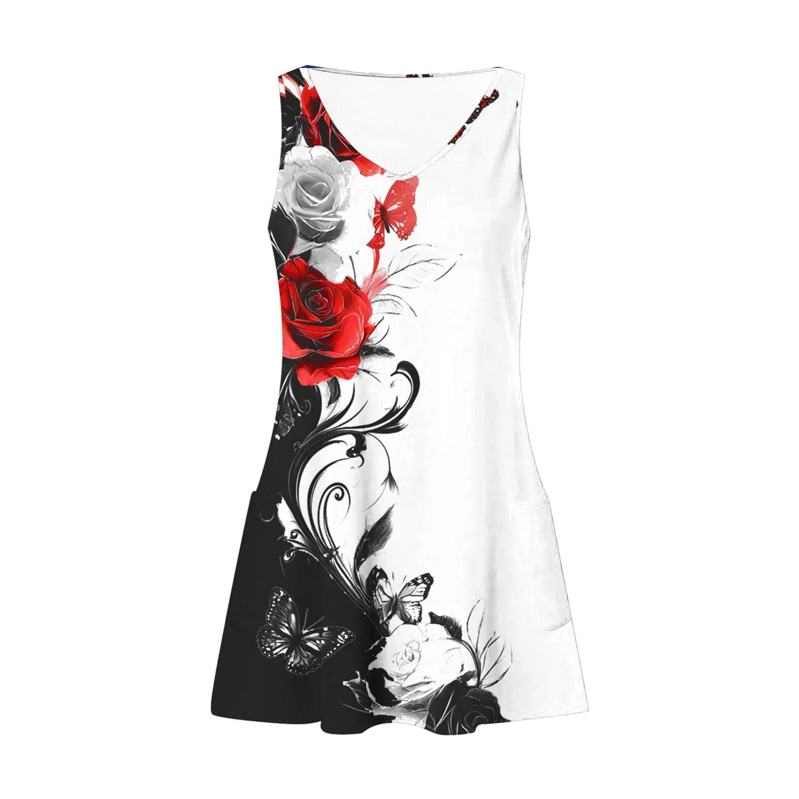 Abito estivo da donna, senza maniche, con scollo a V, con farfalle, motivo floreale, linea ad A, con tasche, sexy, lunghezza al ginocchio, per skater, per il tempo libero, da spiaggia, Nero , L - immagine 6