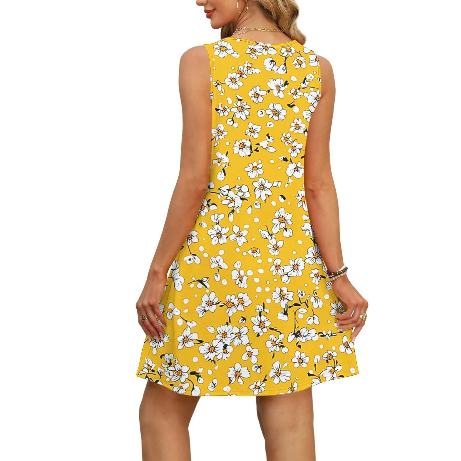 Abito estivo da donna, senza maniche, con scollo a V, con farfalle, motivo floreale, linea ad A, con tasche, sexy, lunghezza al ginocchio, per skater, per il tempo libero, da spiaggia, giallo., XL - immagine 5