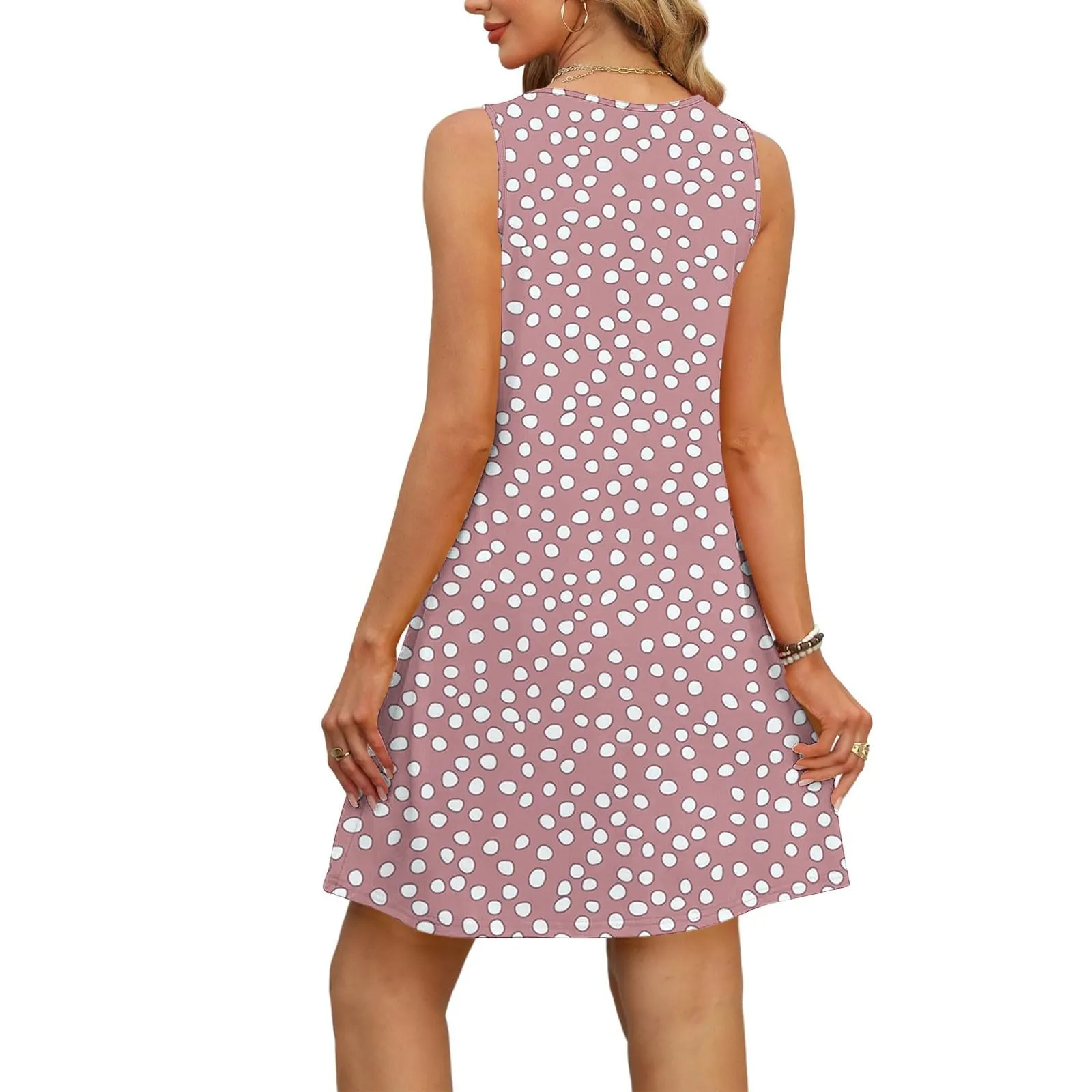 Abito estivo da donna, senza maniche, con scollo a V, con farfalle, motivo floreale, linea ad A, con tasche, sexy, lunghezza al ginocchio, per skater, per il tempo libero, da spiaggia, Colore: rosa - immagine 5