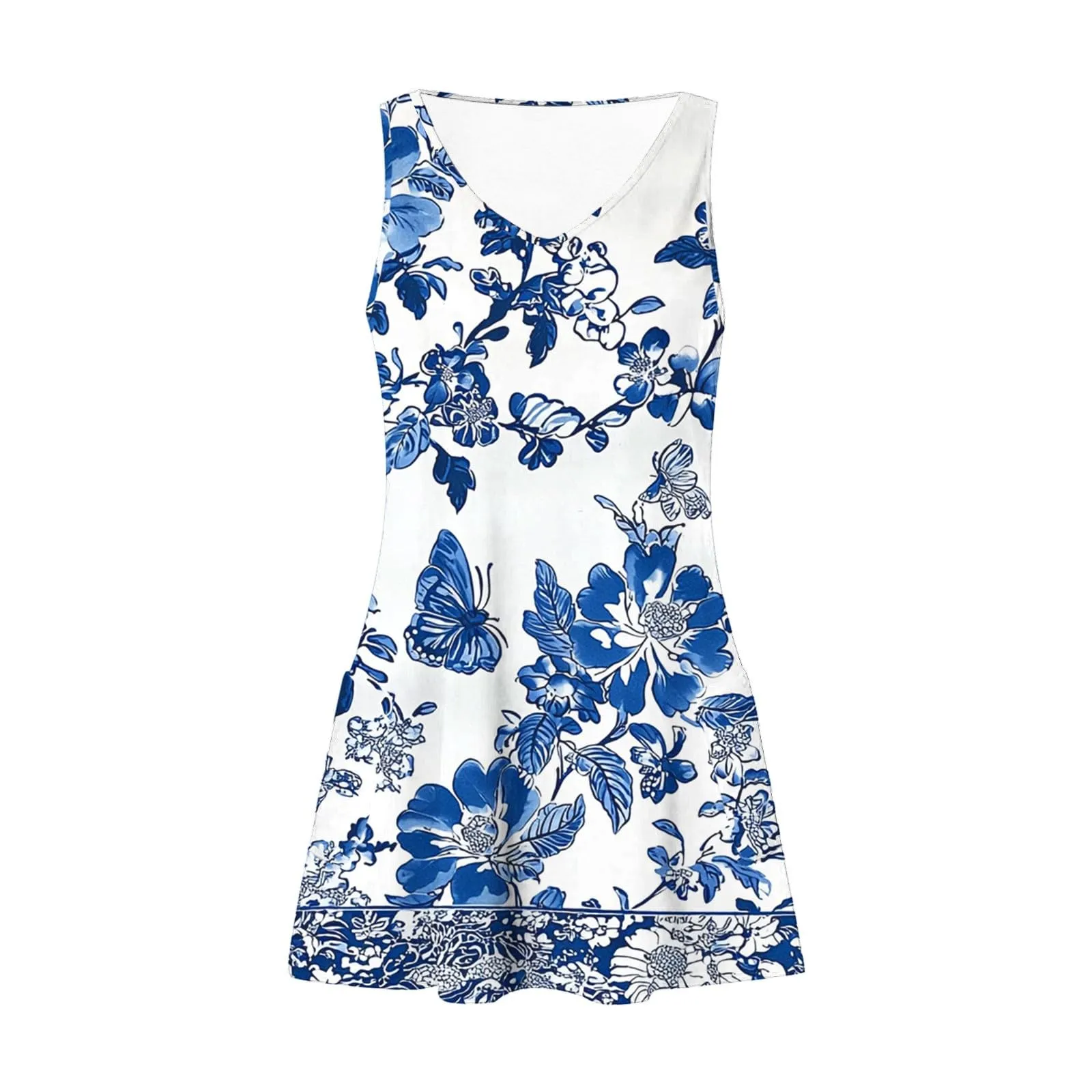 Abito estivo da donna, senza maniche, con scollo a V, con farfalle, motivo floreale, linea ad A, con tasche, sexy, lunghezza al ginocchio, per skater, per il tempo libero, da spiaggia, bianco, L - immagine 6