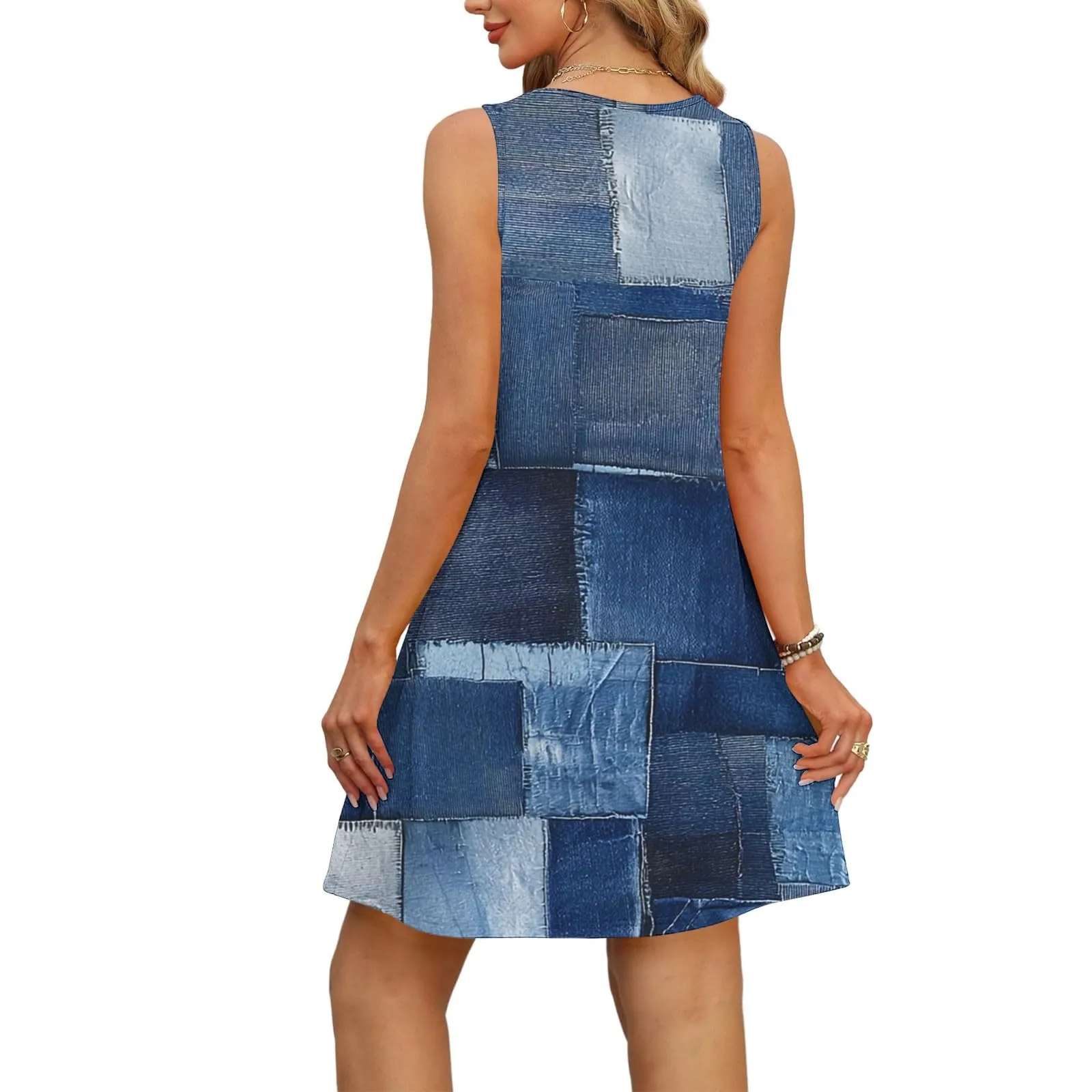Abito estivo da donna, senza maniche, con scollo a V, con farfalle, motivo floreale, linea ad A, con tasche, sexy, lunghezza al ginocchio, per skater, per il tempo libero, da spiaggia, Blu scuro, M - immagine 5