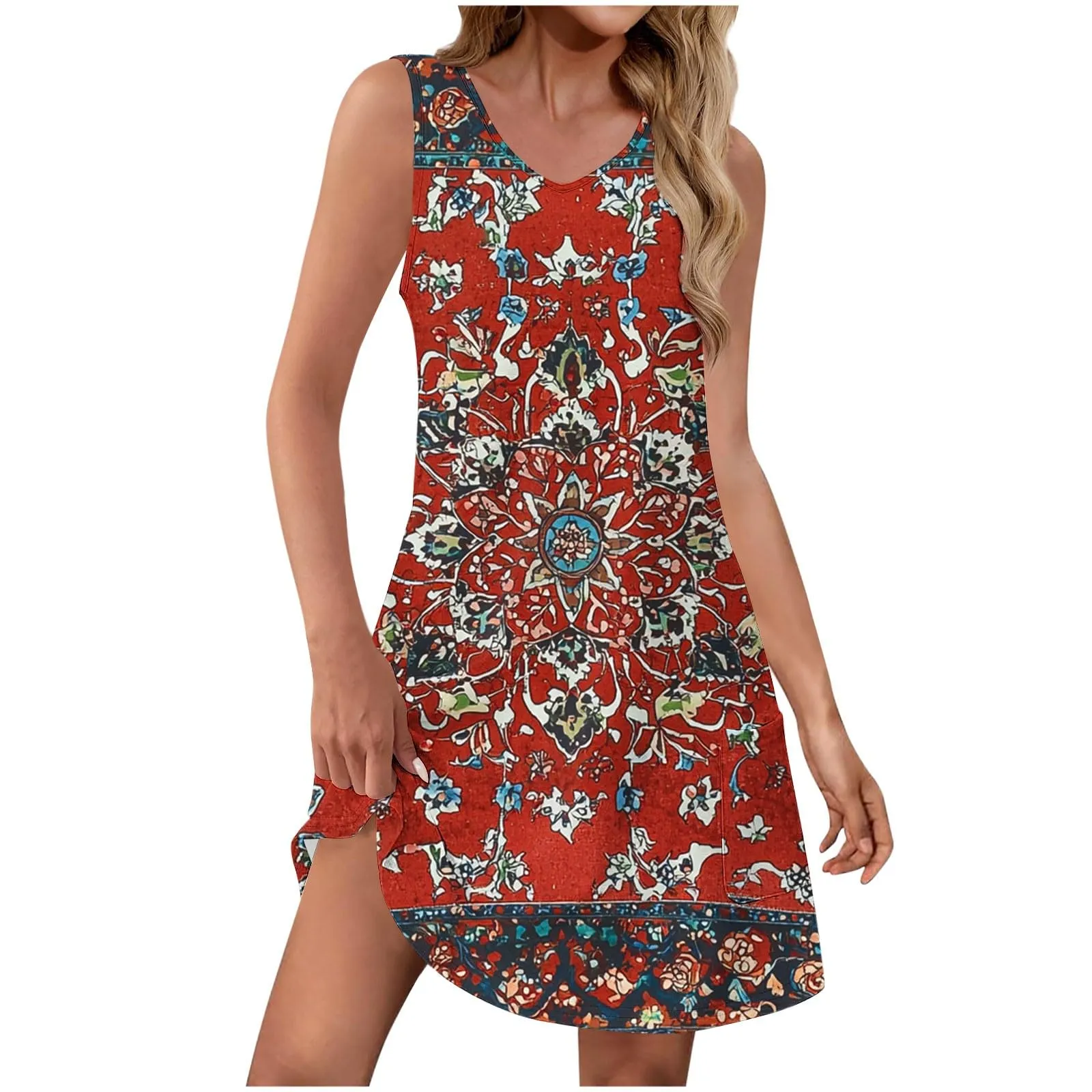 Abito estivo da donna, senza maniche, con scollo a V, con farfalle, motivo floreale, linea ad A, con tasche, sexy, lunghezza al ginocchio, per skater, per il tempo libero, da spiaggia, rosso scuro, XL - immagine 1