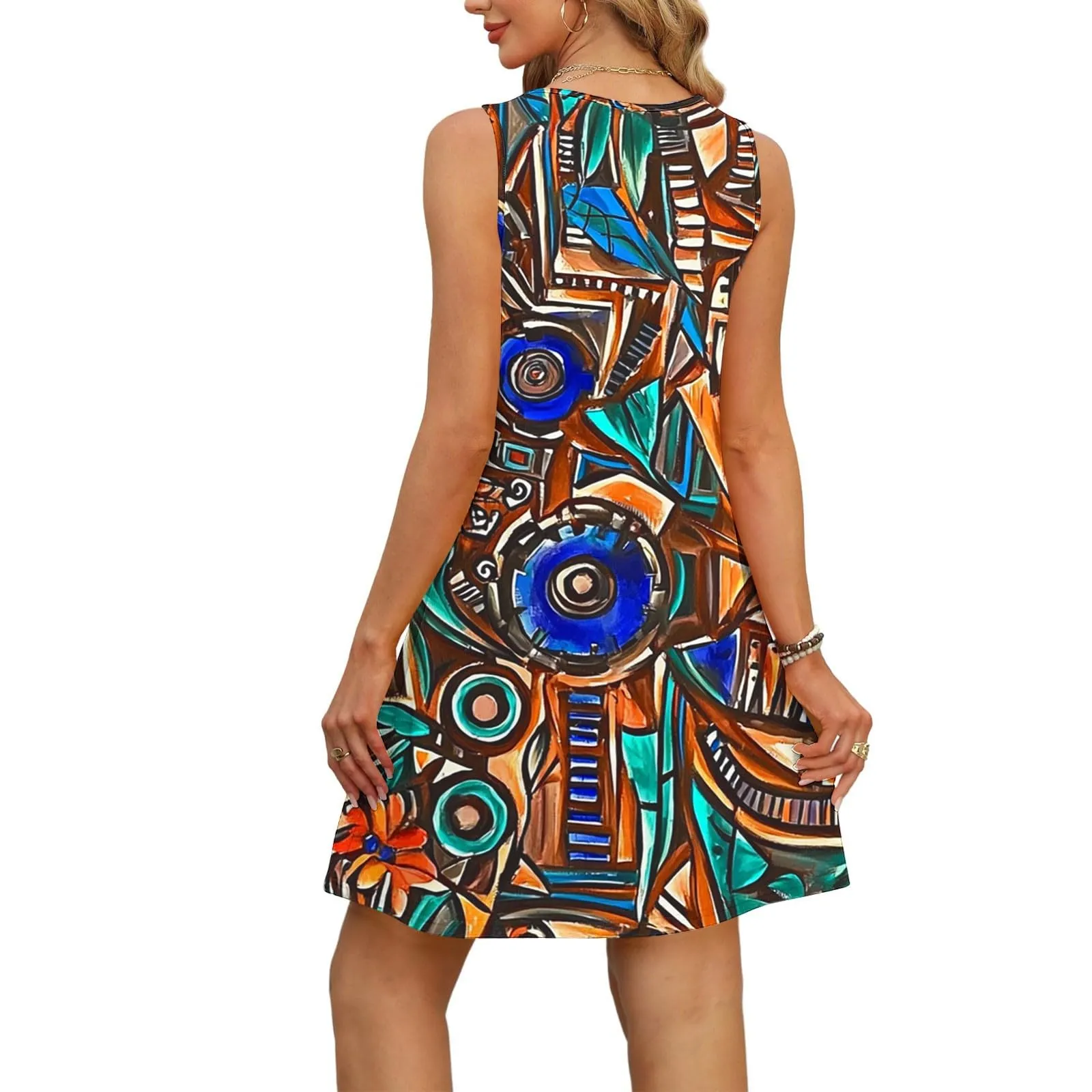 Abito estivo da donna, senza maniche, con scollo a V, con farfalle, motivo floreale, linea ad A, con tasche, sexy, lunghezza al ginocchio, per skater, per il tempo libero, da spiaggia, Blu mezzanotte - immagine 5