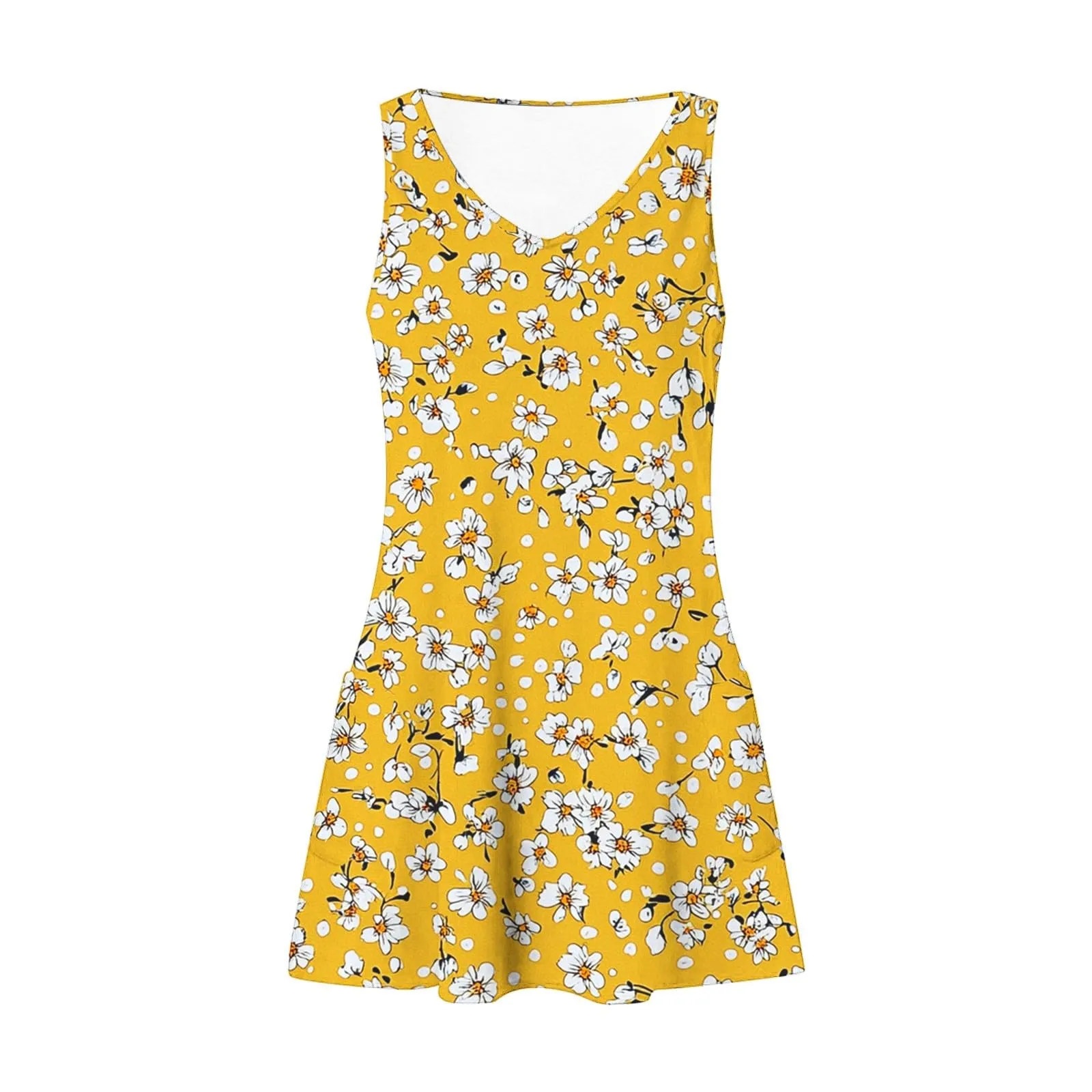 Abito estivo da donna, senza maniche, con scollo a V, con farfalle, motivo floreale, linea ad A, con tasche, sexy, lunghezza al ginocchio, per skater, per il tempo libero, da spiaggia, giallo., M - immagine 6