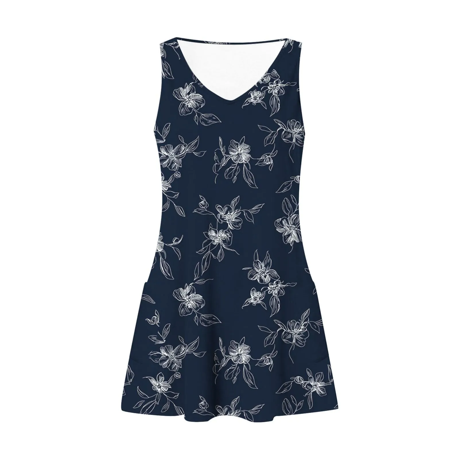 Abito estivo da donna, senza maniche, con scollo a V, con farfalle, motivo floreale, linea ad A, con tasche, sexy, lunghezza al ginocchio, per skater, per il tempo libero, da spiaggia, Blu marino, S - immagine 6
