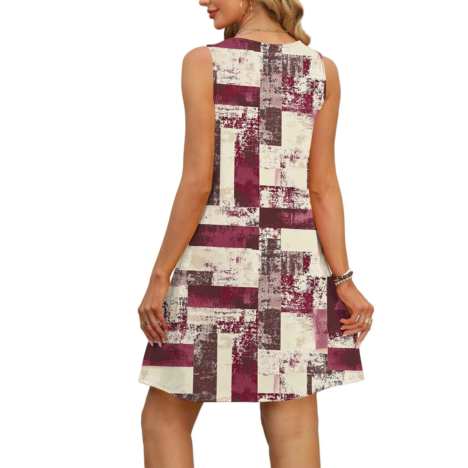 Abito estivo da donna, senza maniche, con scollo a V, con farfalle, motivo floreale, linea ad A, con tasche, sexy, lunghezza al ginocchio, per skater, per il tempo libero, da spiaggia, Vino, M - immagine 5