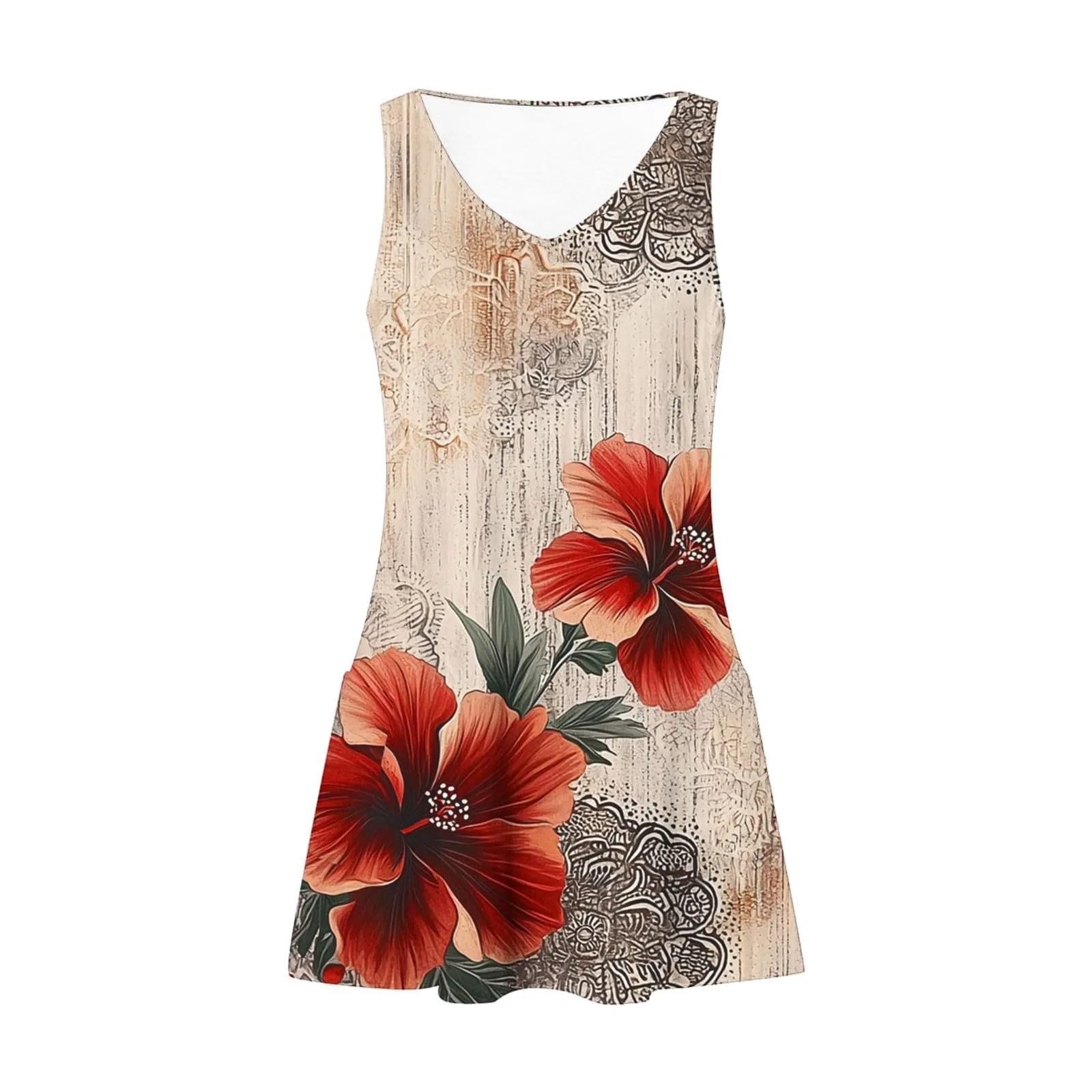 Abito estivo da donna, senza maniche, con scollo a V, con farfalle, motivo floreale, linea ad A, con tasche, sexy, lunghezza al ginocchio, per skater, per il tempo libero, da spiaggia, cammello, XL - immagine 6