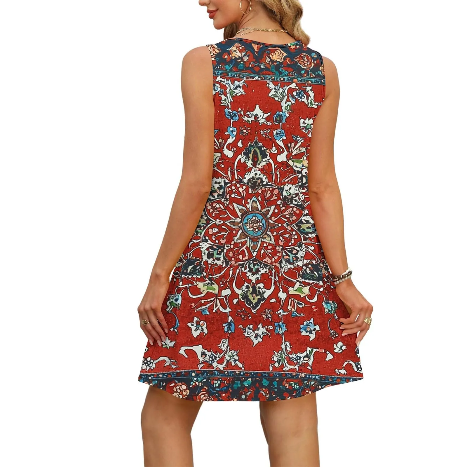 Abito estivo da donna, senza maniche, con scollo a V, con farfalle, motivo floreale, linea ad A, con tasche, sexy, lunghezza al ginocchio, per skater, per il tempo libero, da spiaggia, rosso scuro, M - immagine 5