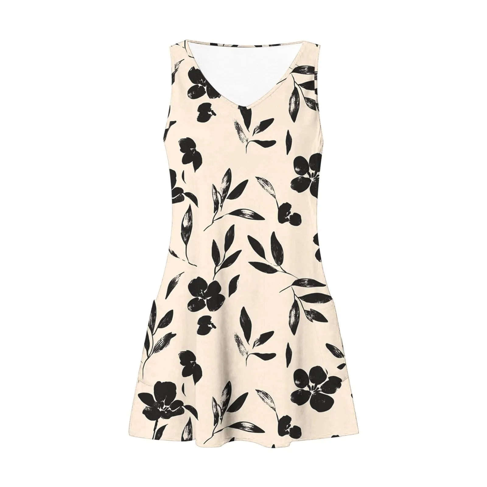 Abito estivo da donna, senza maniche, con scollo a V, con farfalle, motivo floreale, linea ad A, con tasche, sexy, lunghezza al ginocchio, per skater, per il tempo libero, da spiaggia, beige., XL - immagine 6