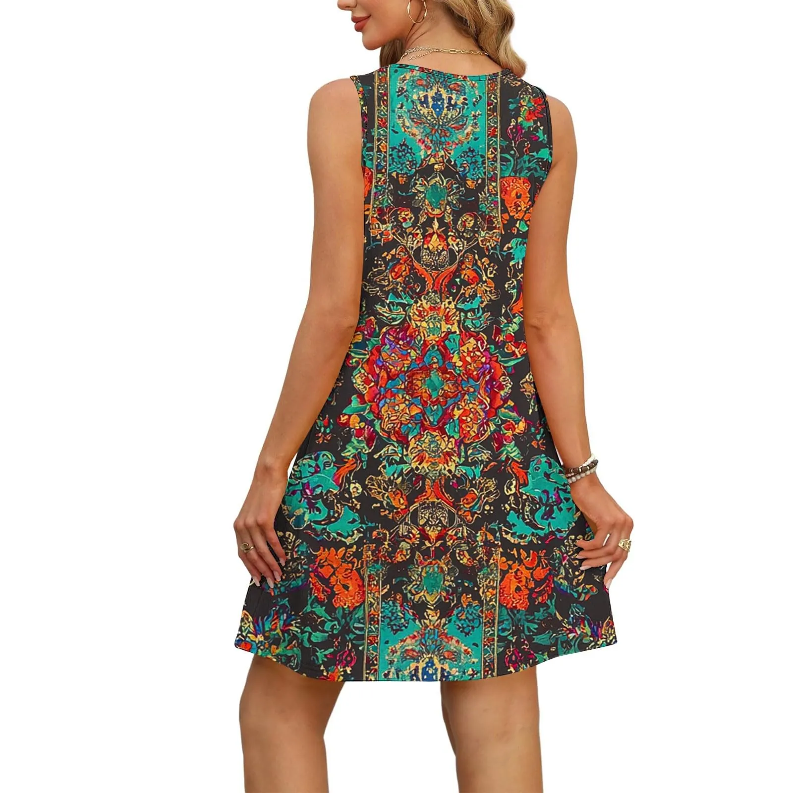 Abito estivo da donna, senza maniche, con scollo a V, con farfalle, motivo floreale, linea ad A, con tasche, sexy, lunghezza al ginocchio, per skater, per il tempo libero, da spiaggia, verde chiaro, S - immagine 5