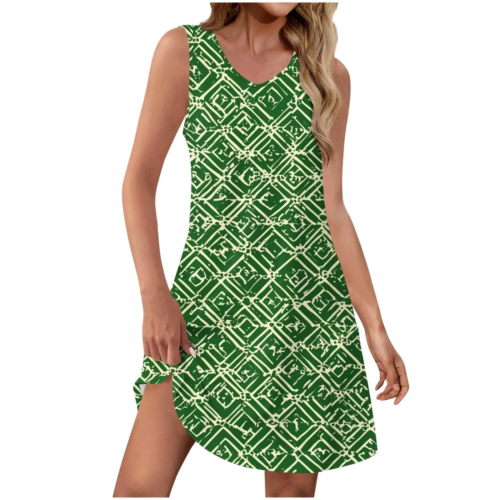 Abito estivo da donna, senza maniche, con scollo a V, con farfalle, motivo floreale, linea ad A, con tasche, sexy, lunghezza al ginocchio, per skater, per il tempo libero, da spiaggia, verde, L - immagine 1