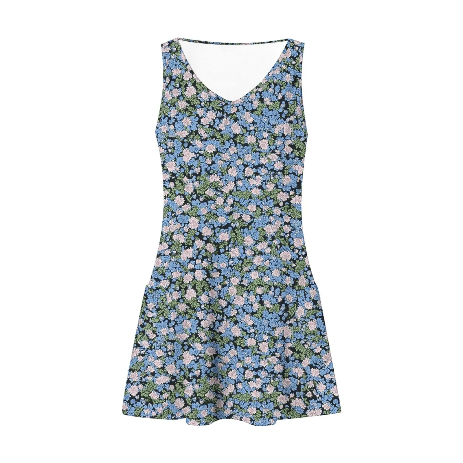 Abito estivo da donna, senza maniche, con scollo a V, con farfalle, motivo floreale, linea ad A, con tasche, sexy, lunghezza al ginocchio, per skater, per il tempo libero, da spiaggia, Blu, XXL - immagine 6
