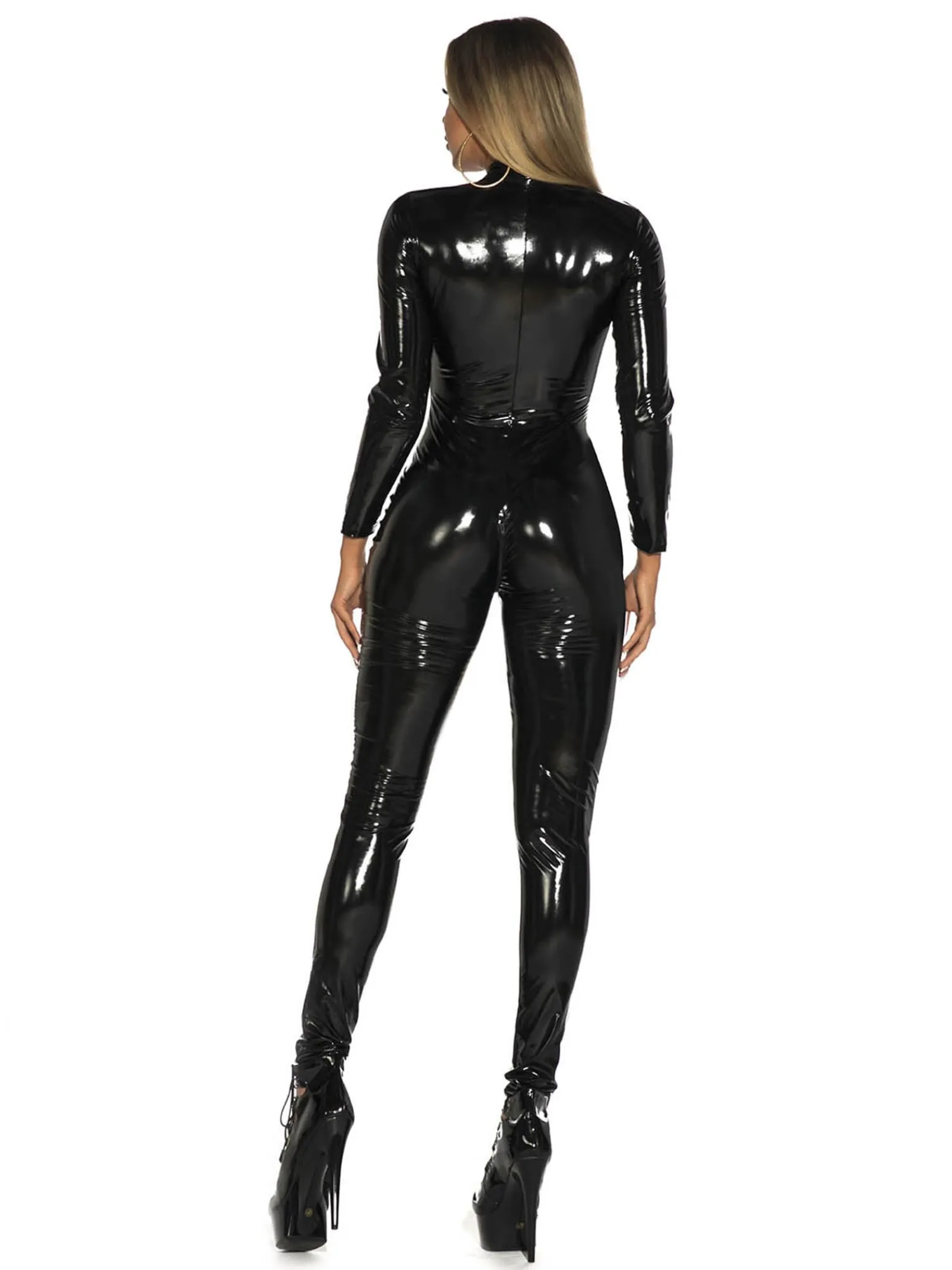 Riismen Damen Wetlook Jumpsuit Body Leggings Latex Catsuit Lack Leder Overall Reißverschluss Langarm Bodysuit Frauen Sexy Dessous Gogo Clubwear Nero 3XL - immagine 5