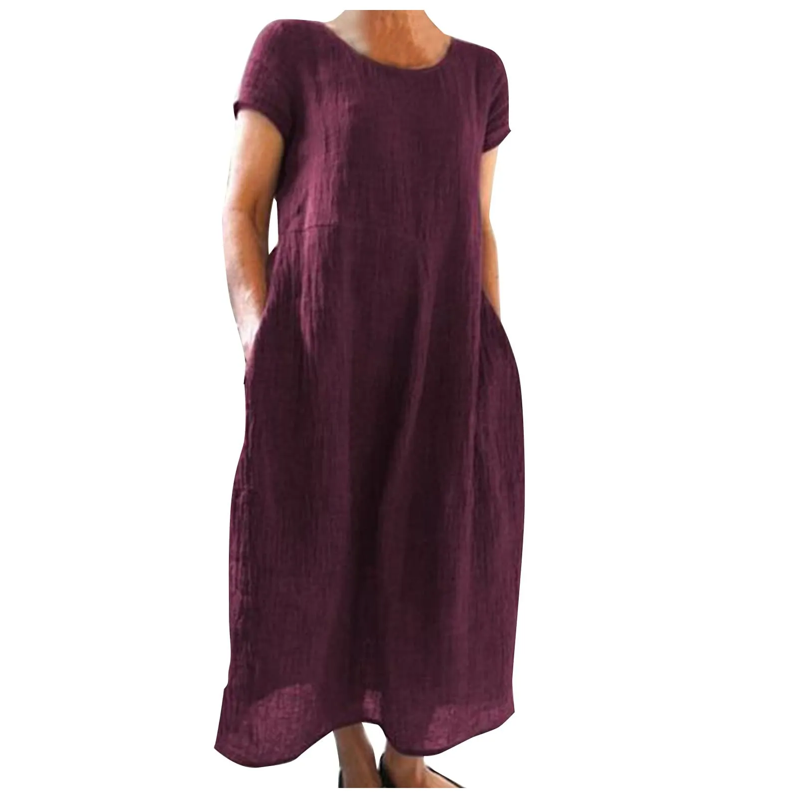 Abito estivo da donna, elegante, in lino, casual, girocollo, a maniche corte, lungo, in cotone, linea A, maxi abito da spiaggia, leggero, alla moda, per il tempo libero, rosso vivo, M - immagine 1